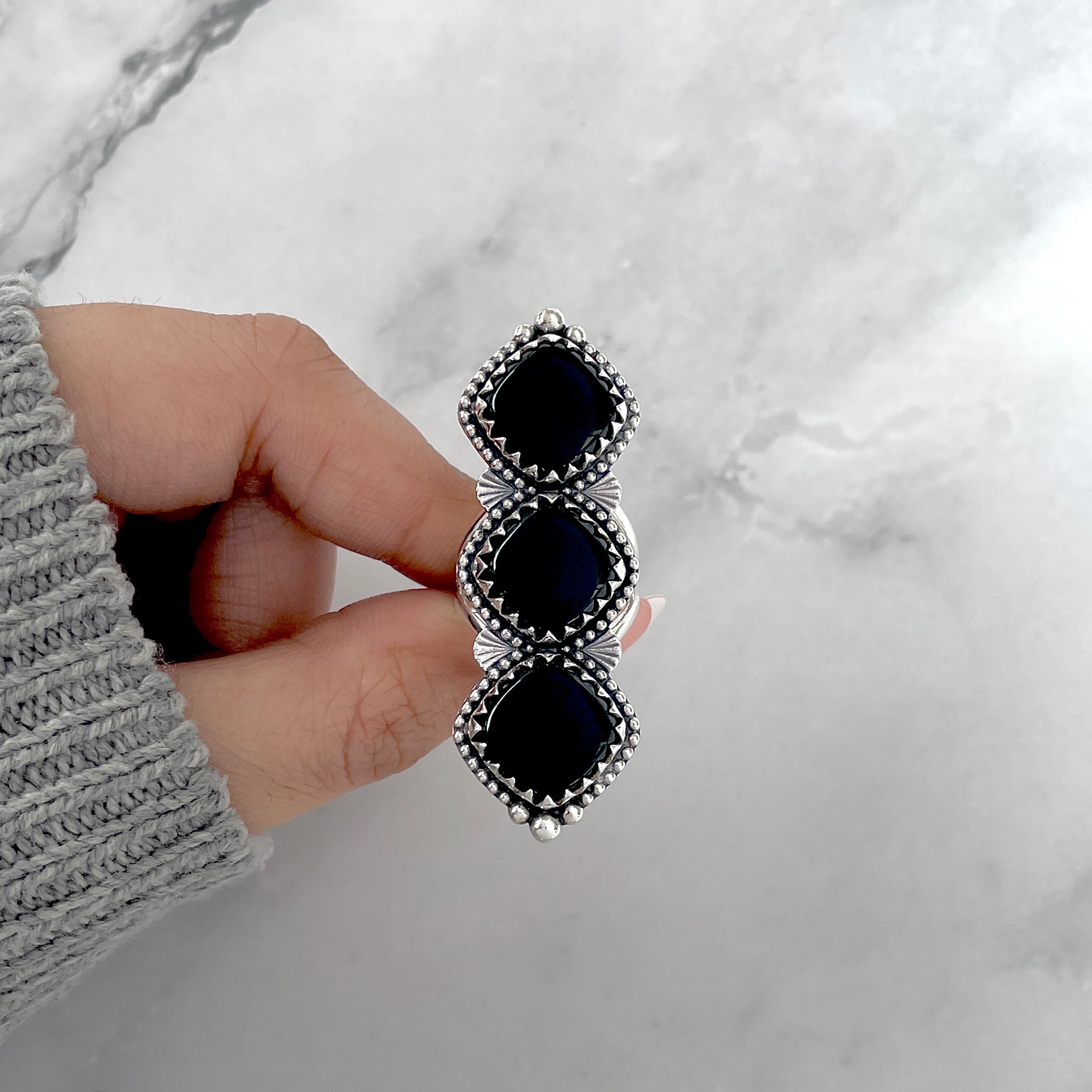 Black Onyx Flower Ring Size 7-(BOX-FLR-5.)