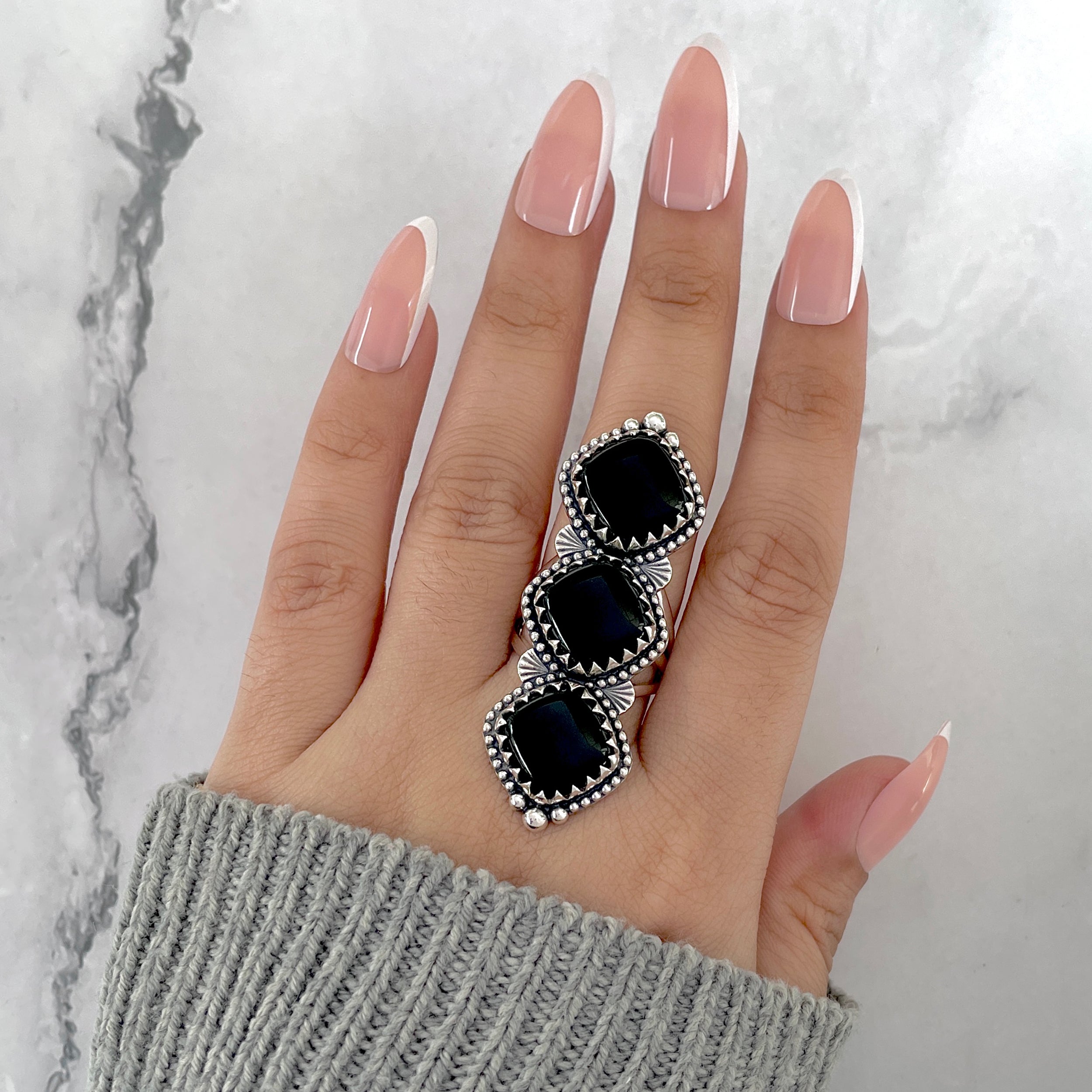 Black Onyx Flower Ring Size 8-(BOX-FLR-6.)