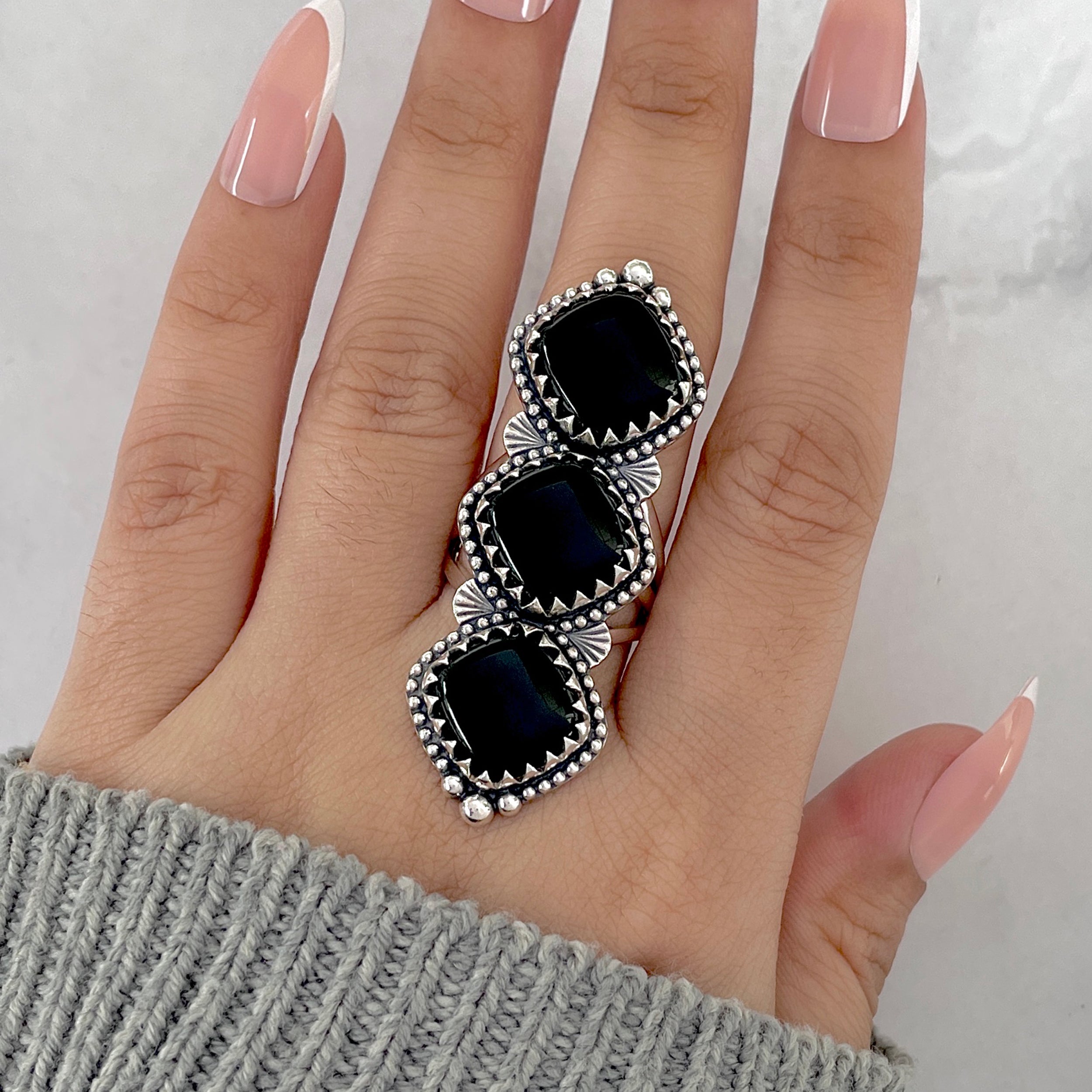 Black Onyx Flower Ring Size 8-(BOX-FLR-6.)
