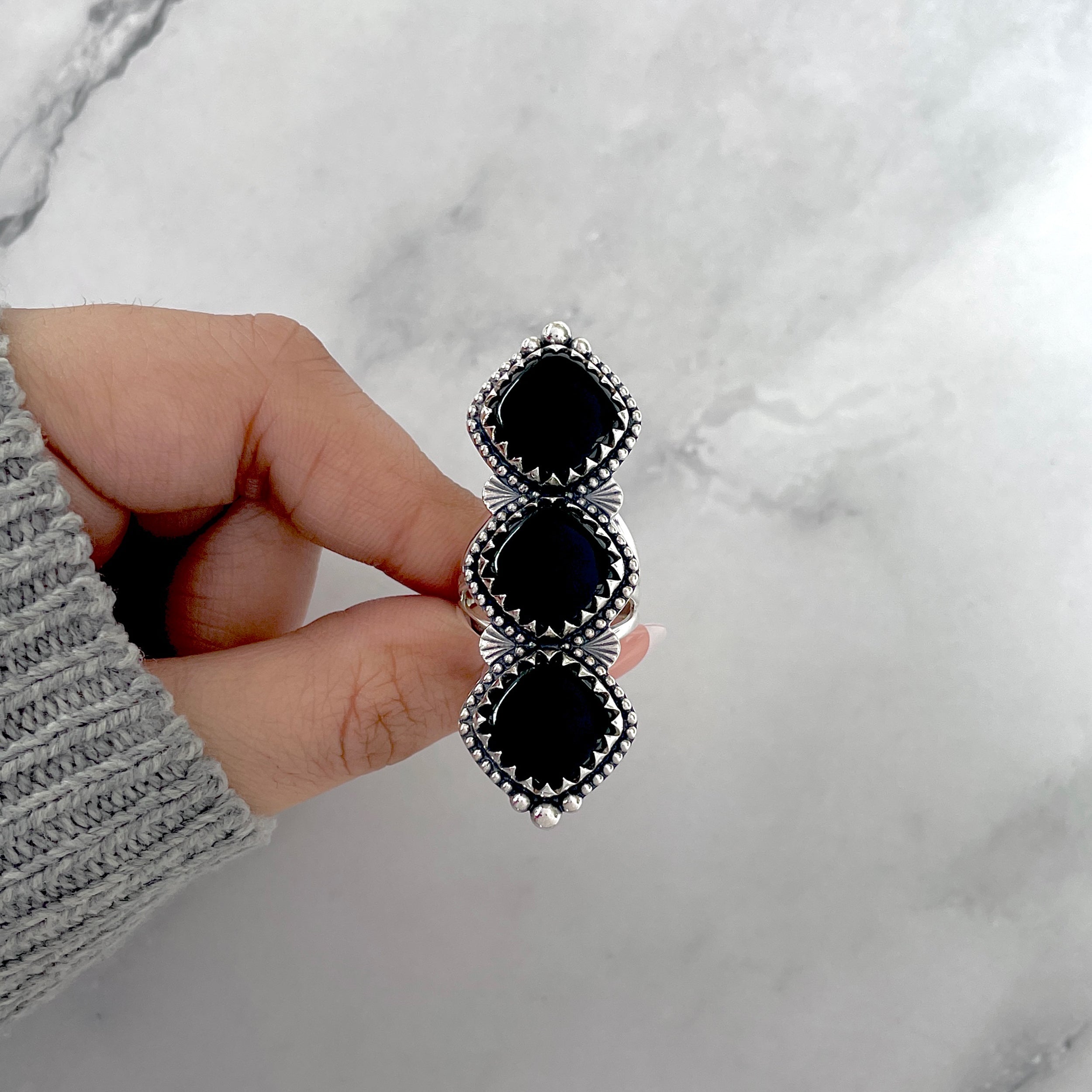Black Onyx Flower Ring Size 8-(BOX-FLR-6.)