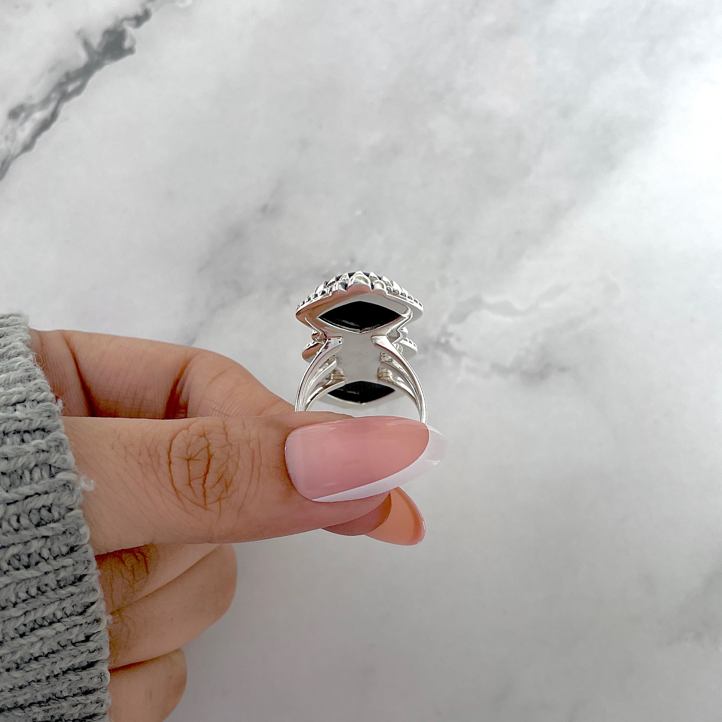 Black Onyx Flower Ring Size 8-(BOX-FLR-6.)