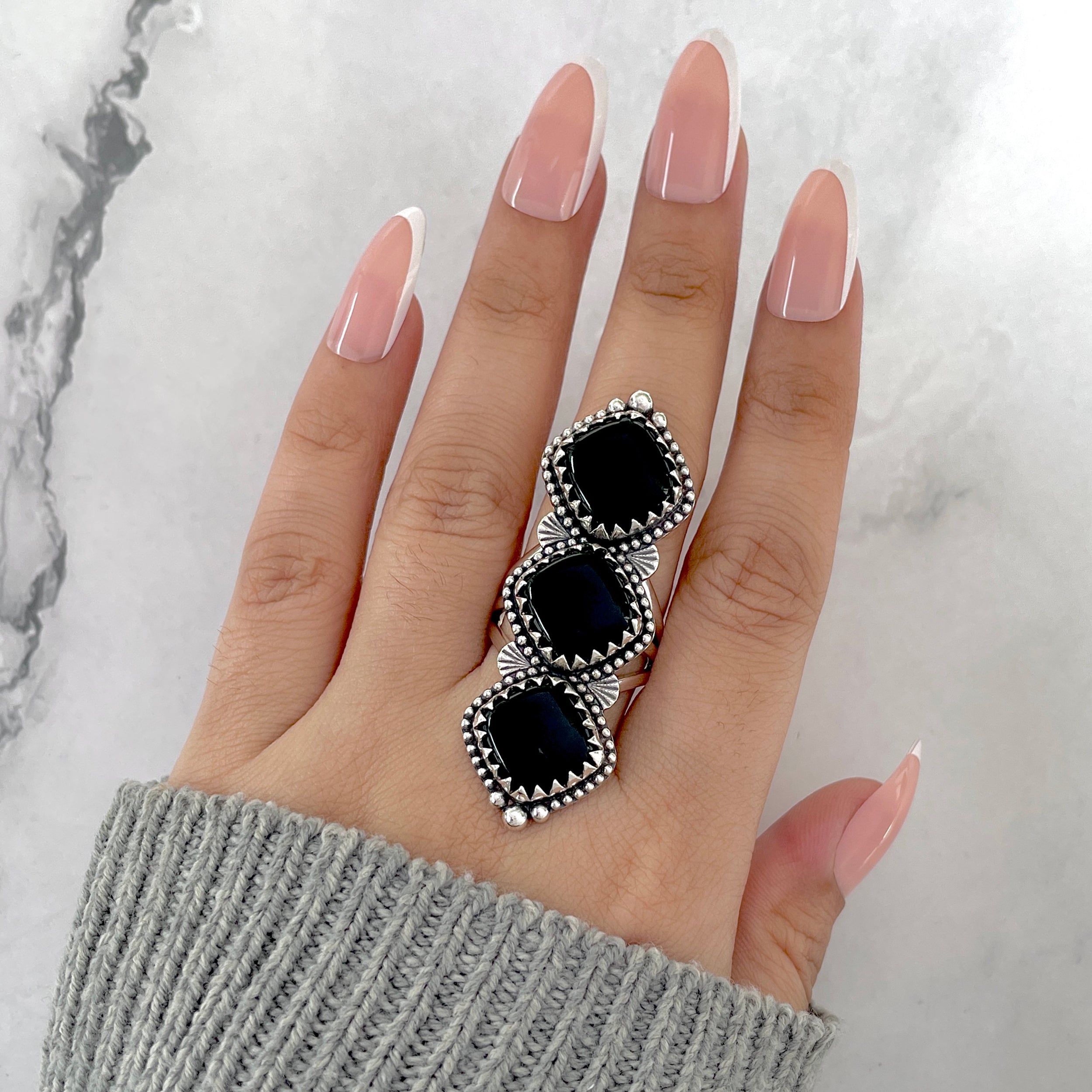 Black Onyx Flower Ring Size 9-(BOX-FLR-7.)
