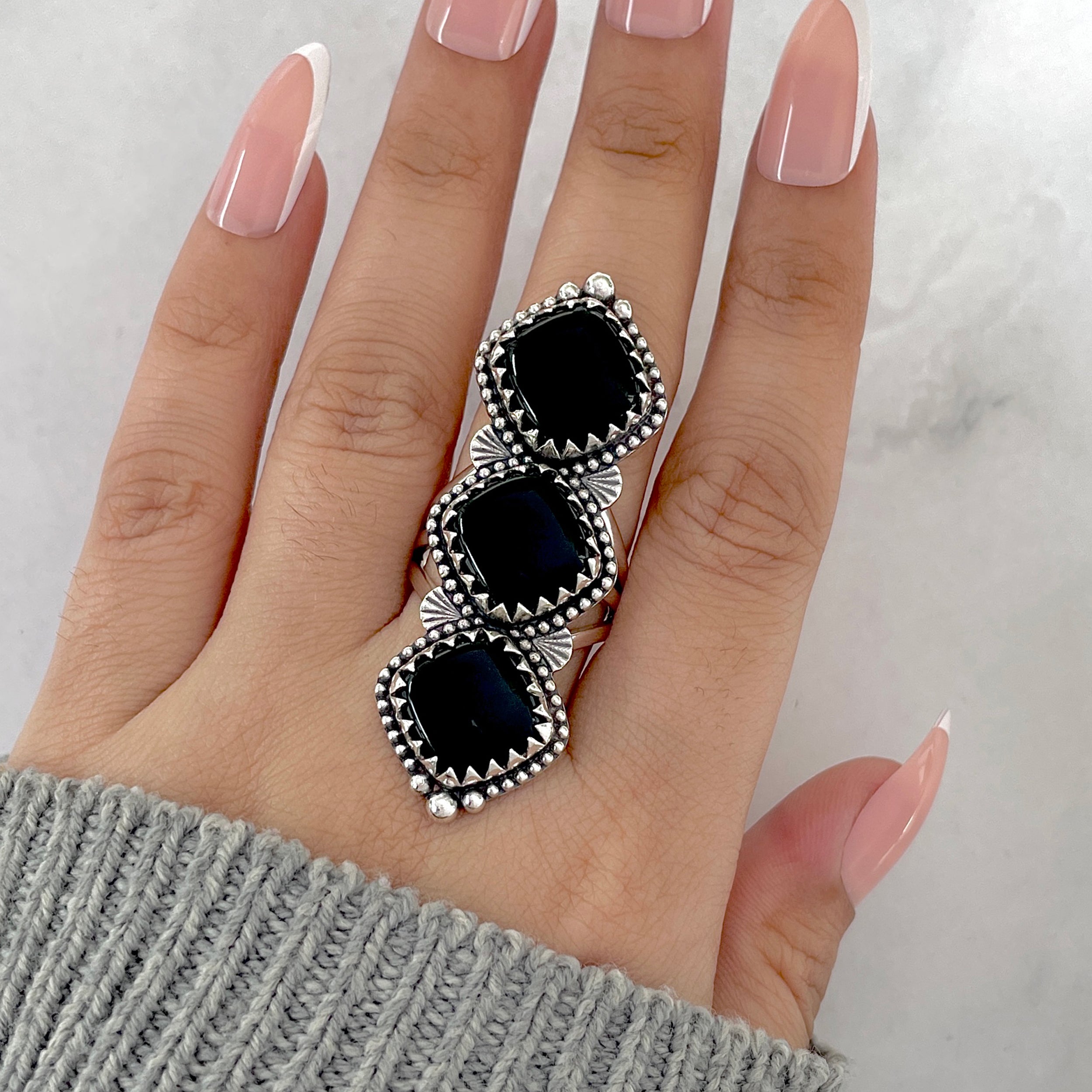 Black Onyx Flower Ring Size 9-(BOX-FLR-7.)