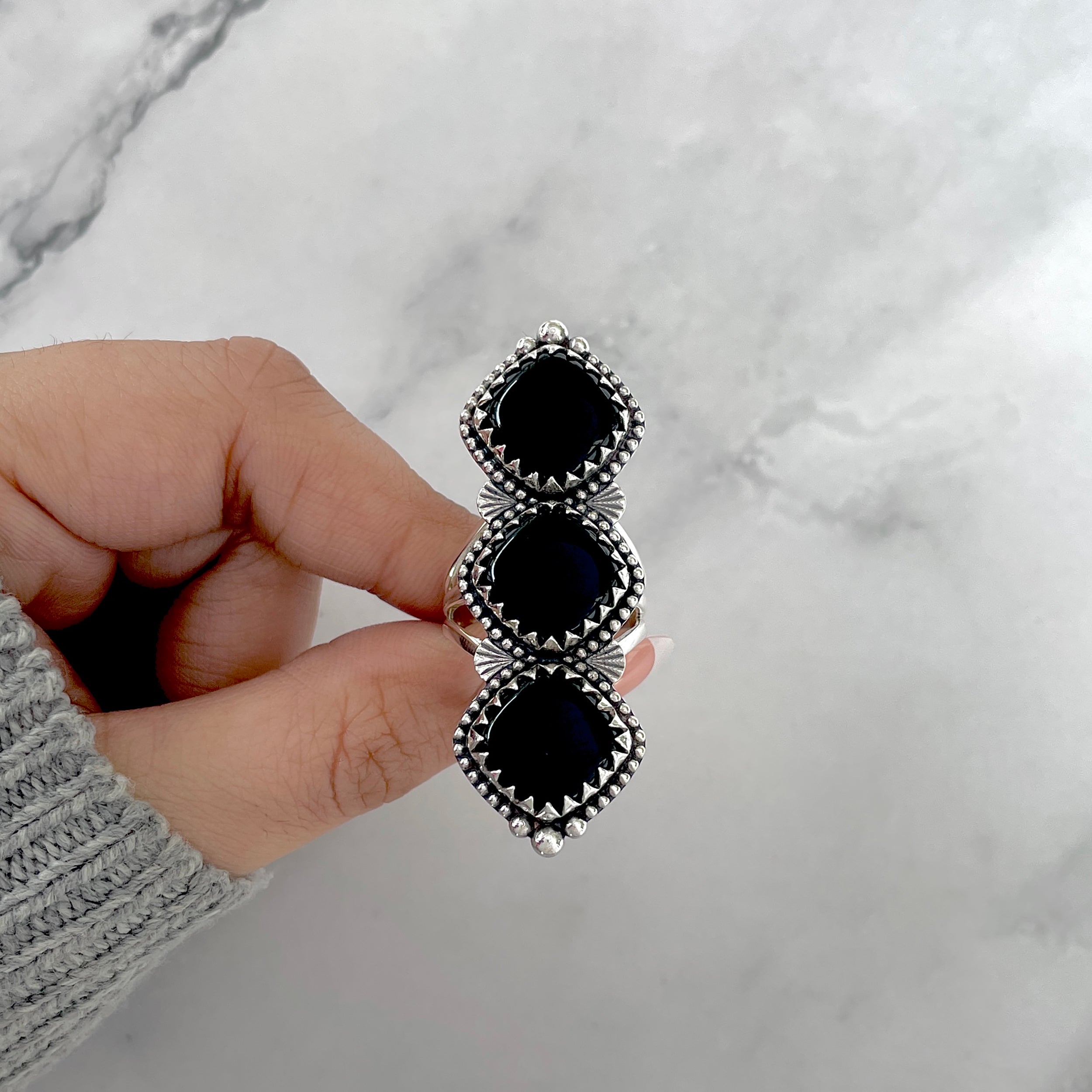 Black Onyx Flower Ring Size 9-(BOX-FLR-7.)