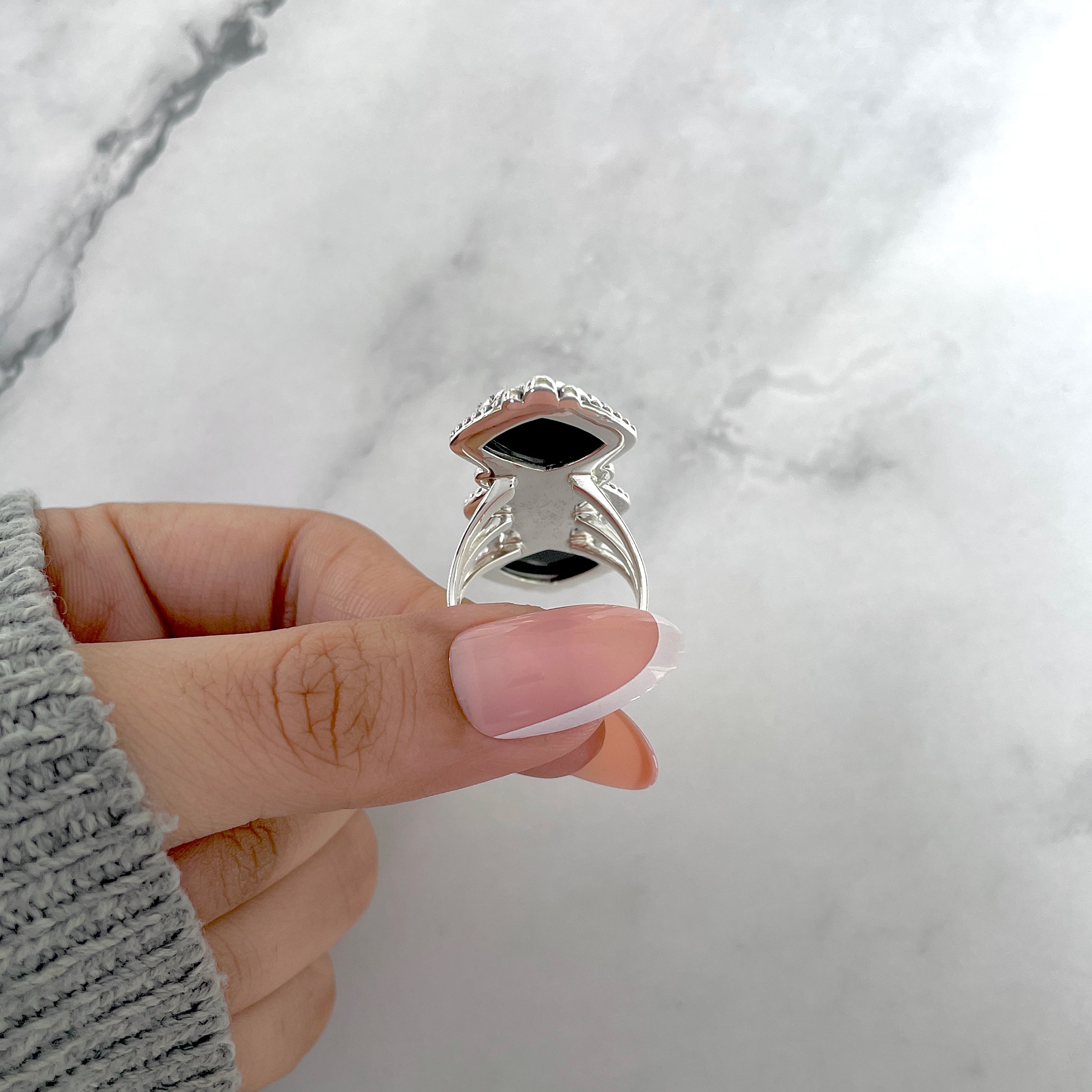 Black Onyx Flower Ring Size 9-(BOX-FLR-7.)
