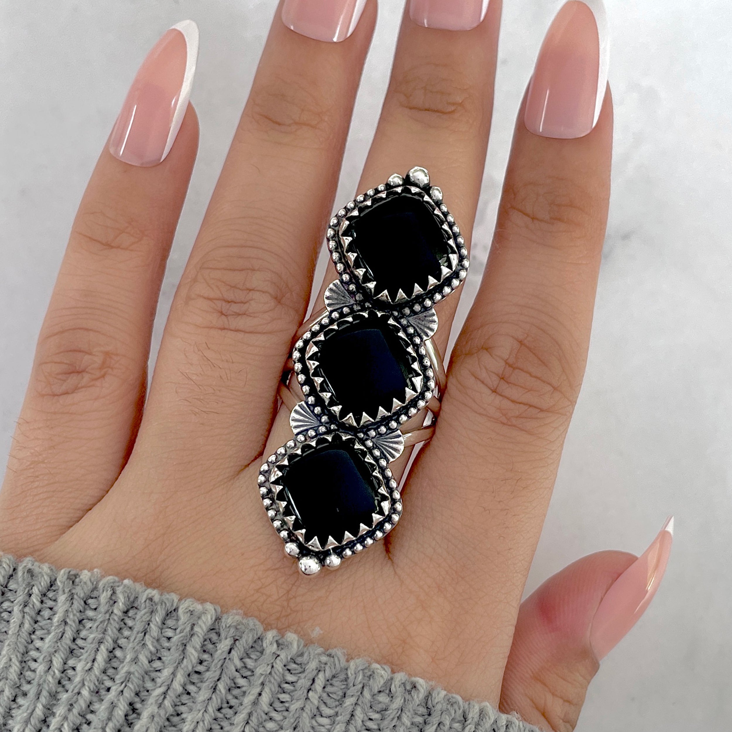 Black Onyx Flower Ring Size 10-(BOX-FLR-8.)