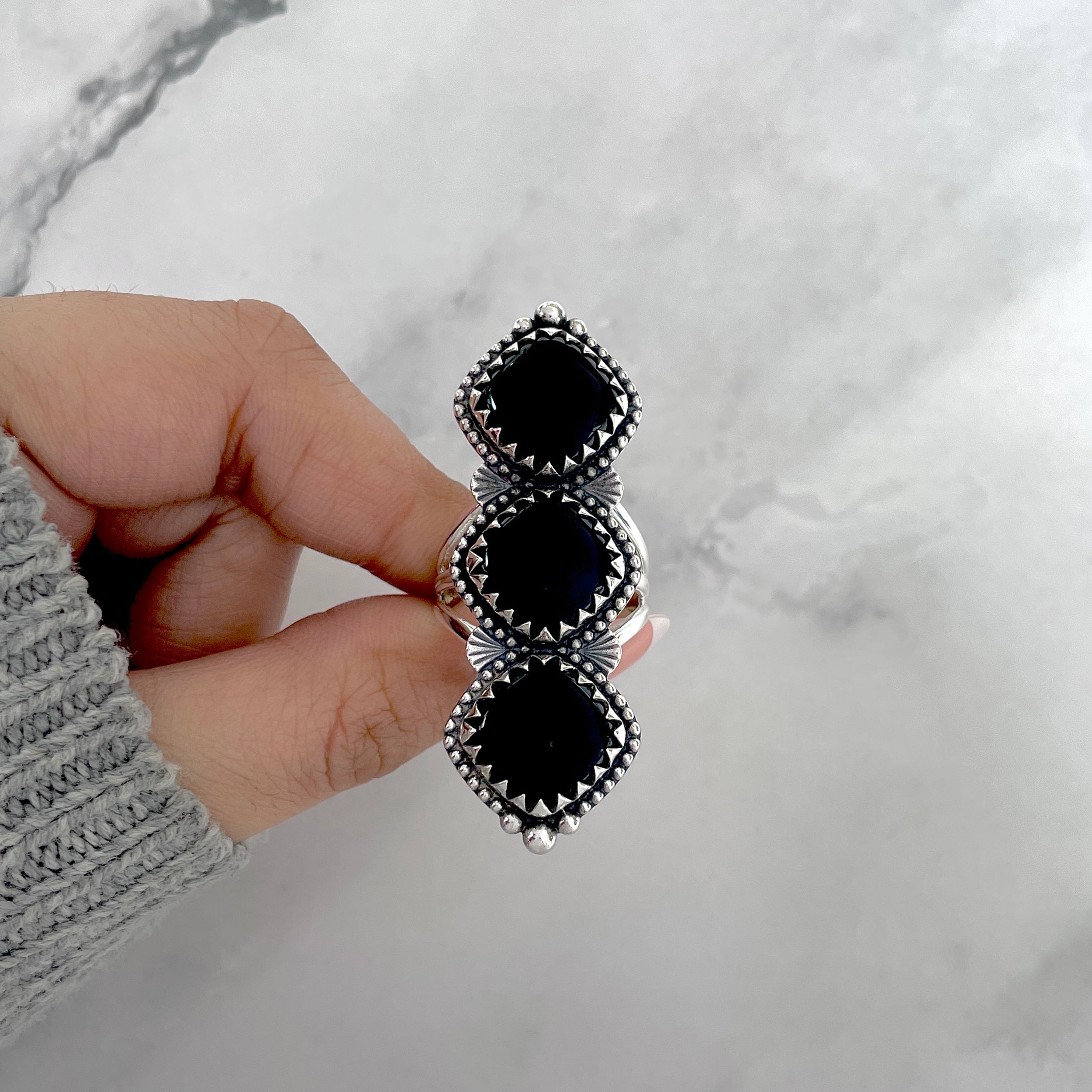 Black Onyx Flower Ring Size 10-(BOX-FLR-8.)