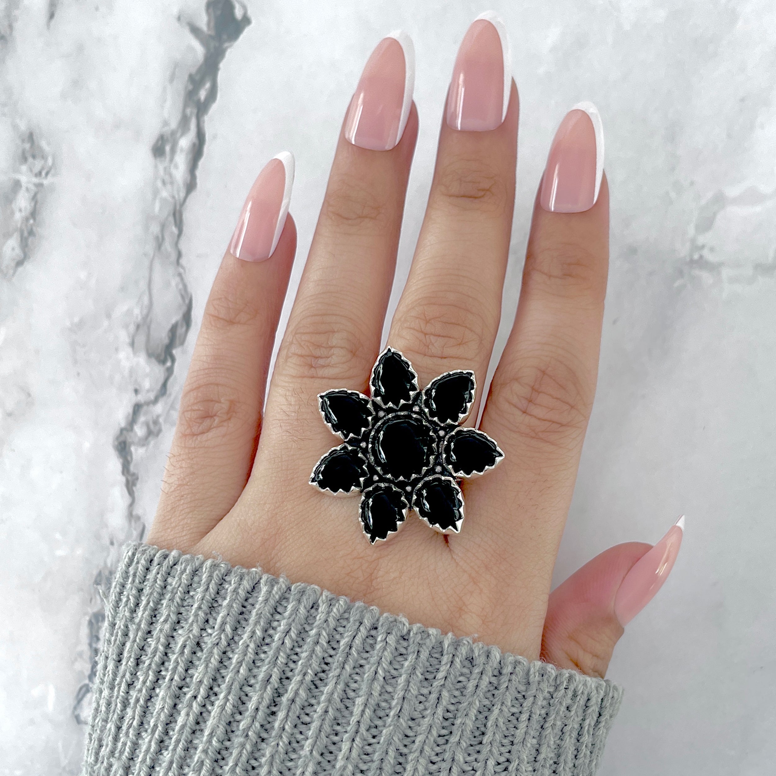 Black Onyx Flower Adjustable Ring-(BOX-FLR-9.)