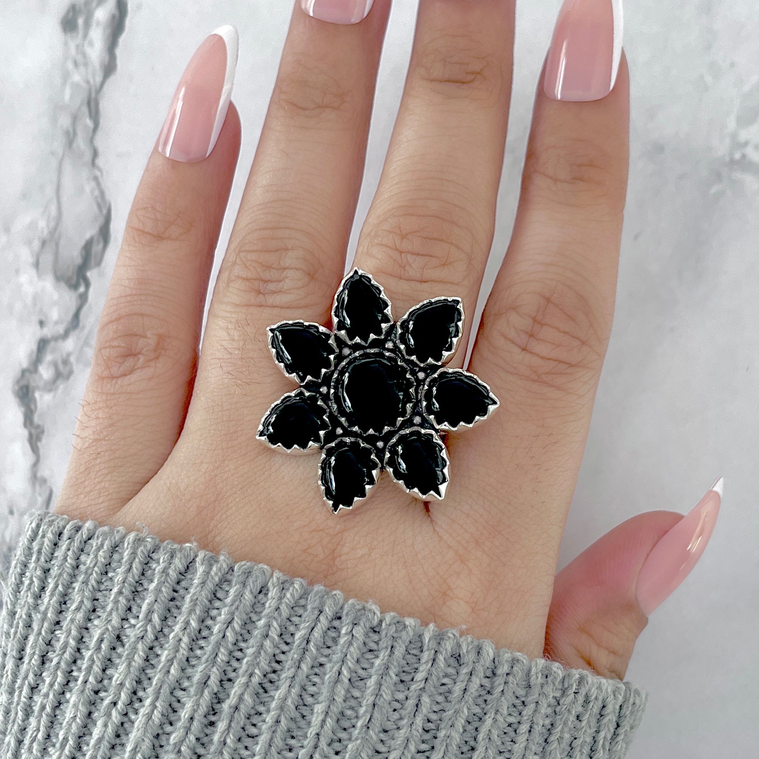 Black Onyx Flower Adjustable Ring-(BOX-FLR-9.)