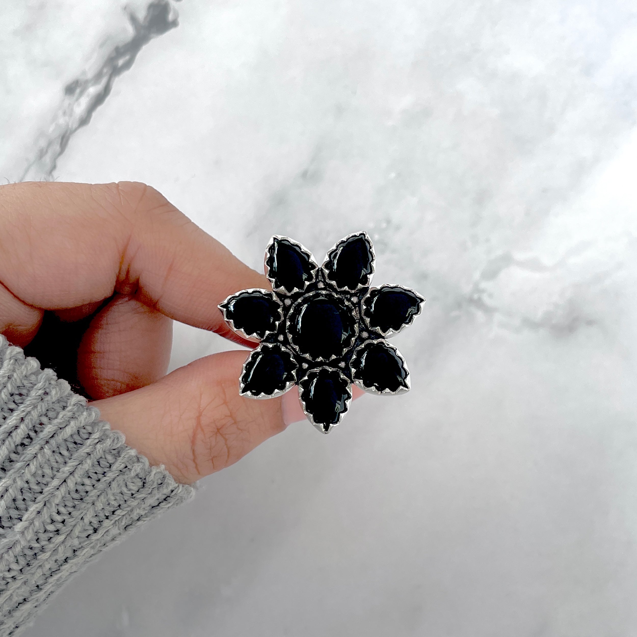 Black Onyx Flower Adjustable Ring-(BOX-FLR-9.)
