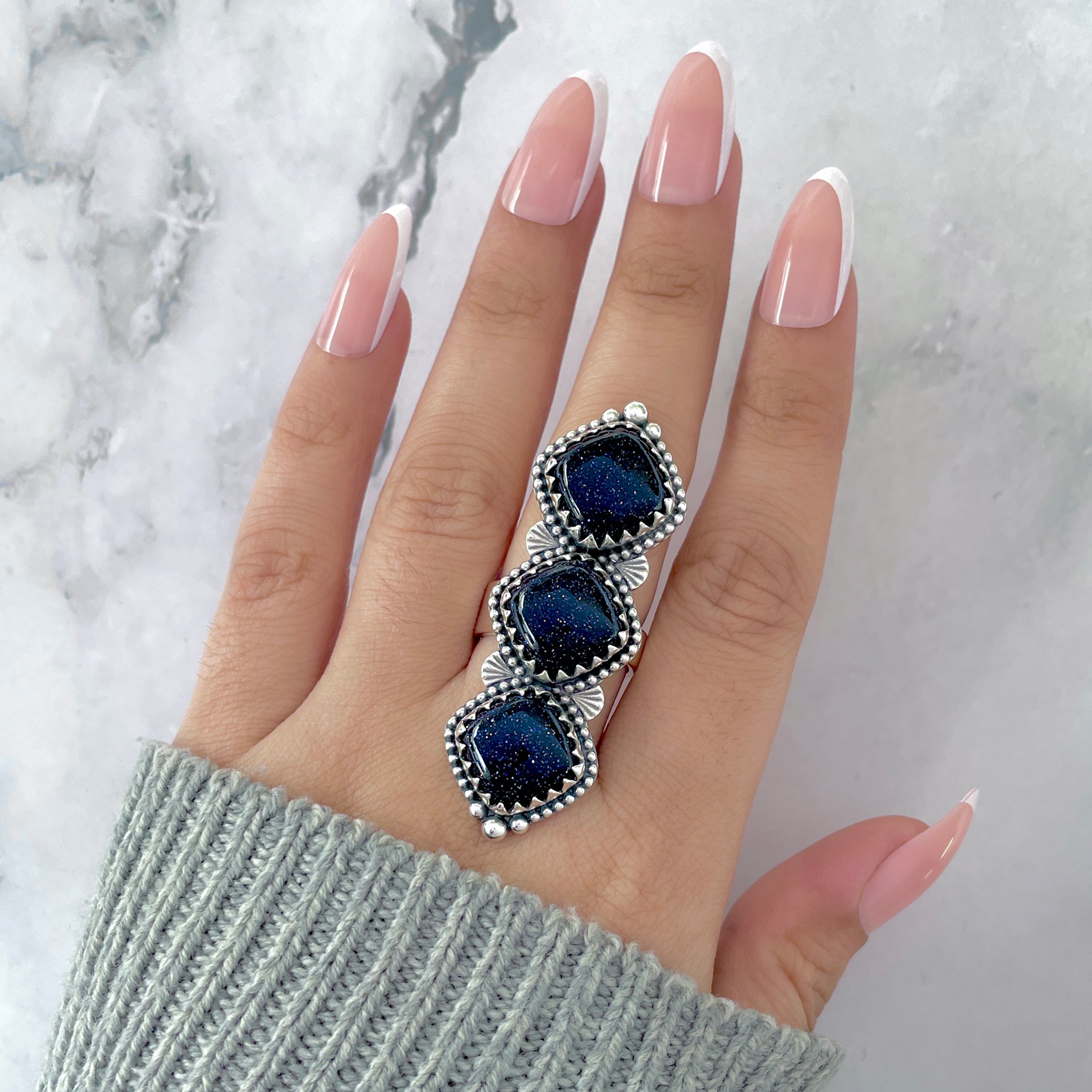 Sunstone (Blue) Flower Adjustable Ring-(BSS-FLR-1.)