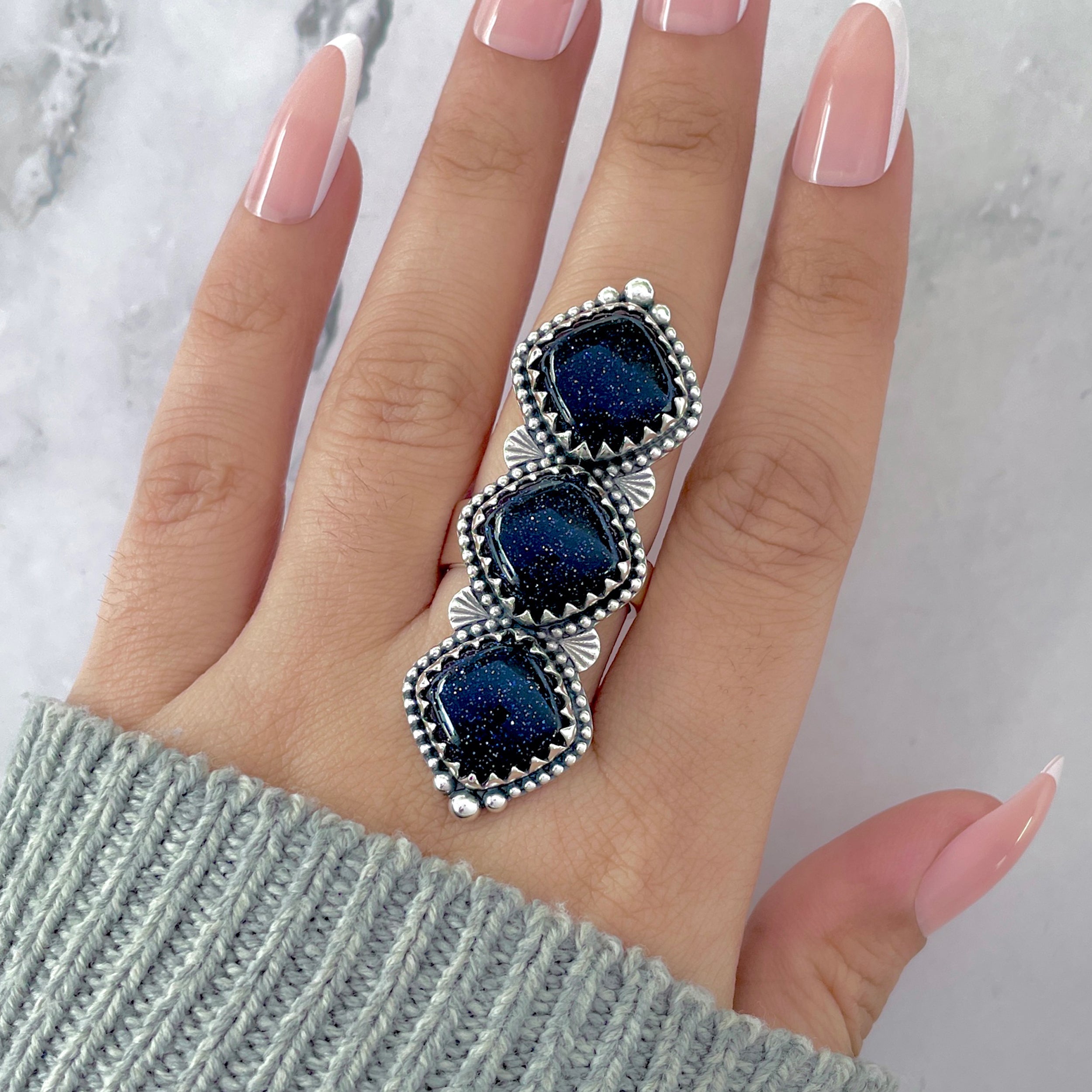 Sunstone (Blue) Flower Adjustable Ring-(BSS-FLR-1.)
