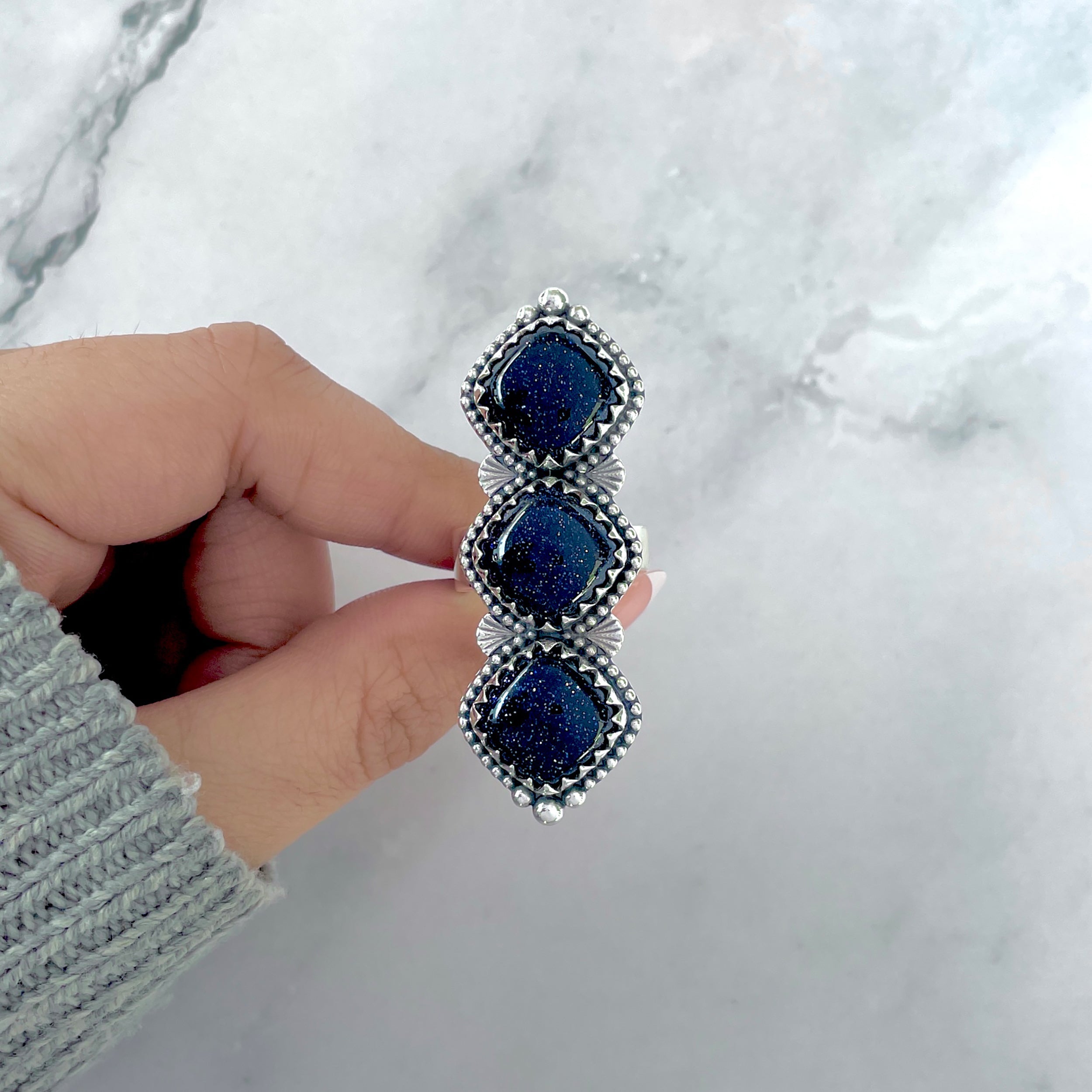 Sunstone (Blue) Flower Adjustable Ring-(BSS-FLR-1.)