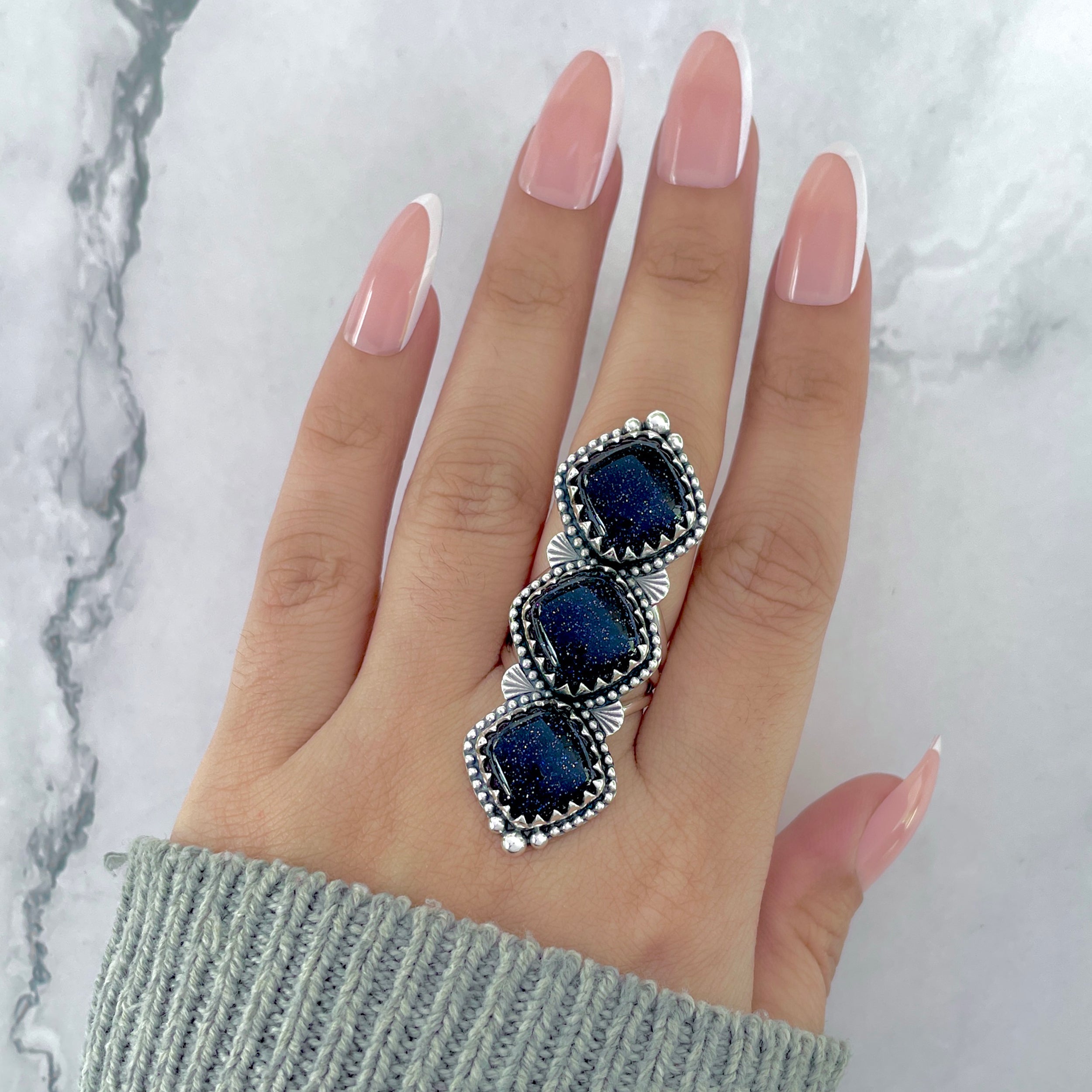 Sunstone (Blue) Flower Ring Size 7-(BSS-FLR-2.)