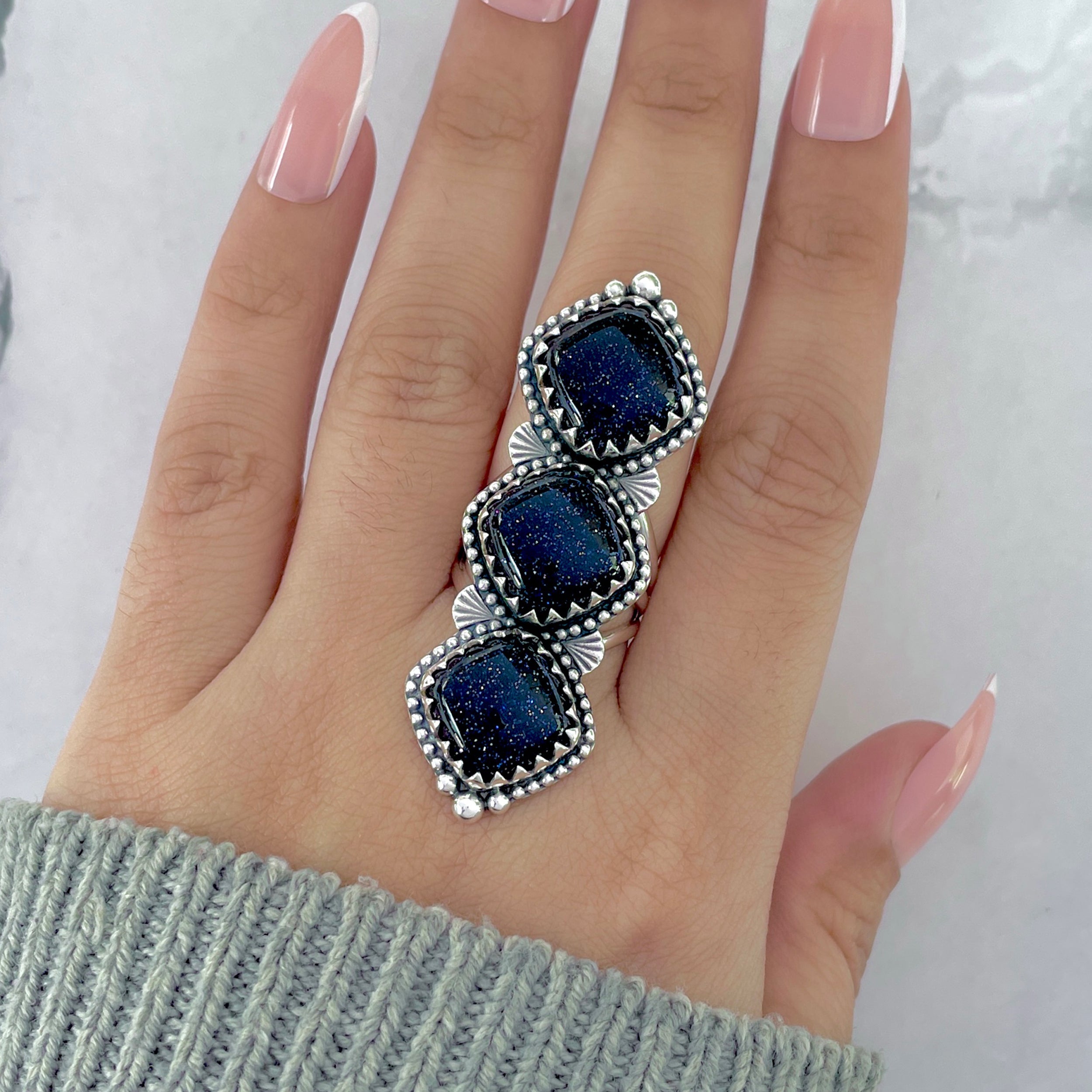 Sunstone (Blue) Flower Ring Size 7-(BSS-FLR-2.)