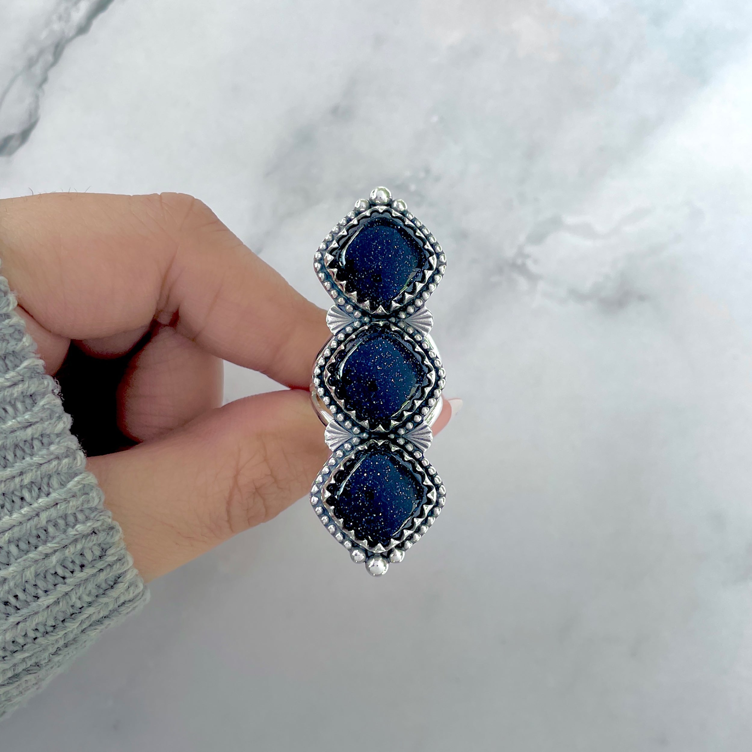 Sunstone (Blue) Flower Ring Size 7-(BSS-FLR-2.)
