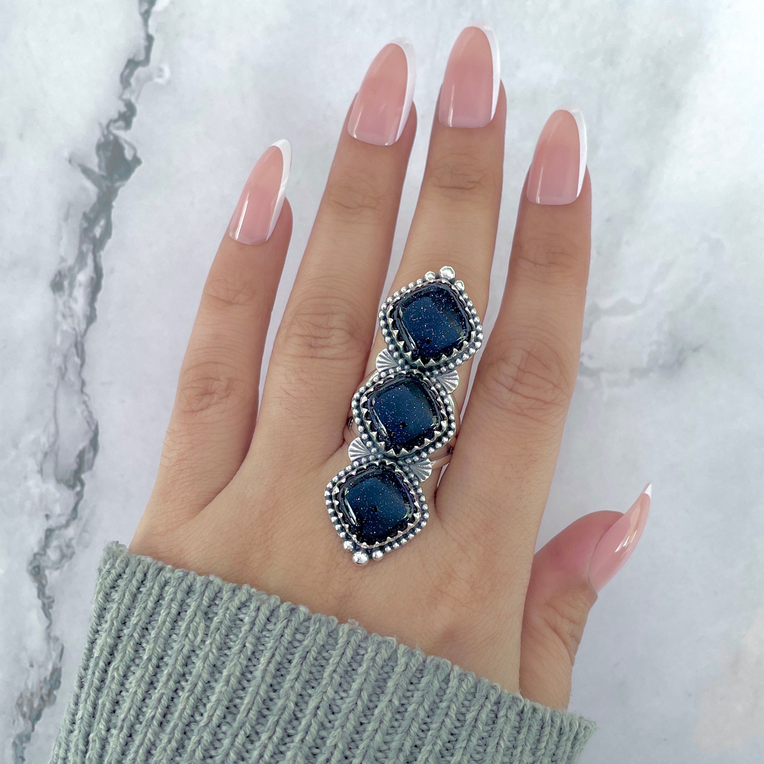 Sunstone (Blue) Flower Ring Size 8-(BSS-FLR-3.)
