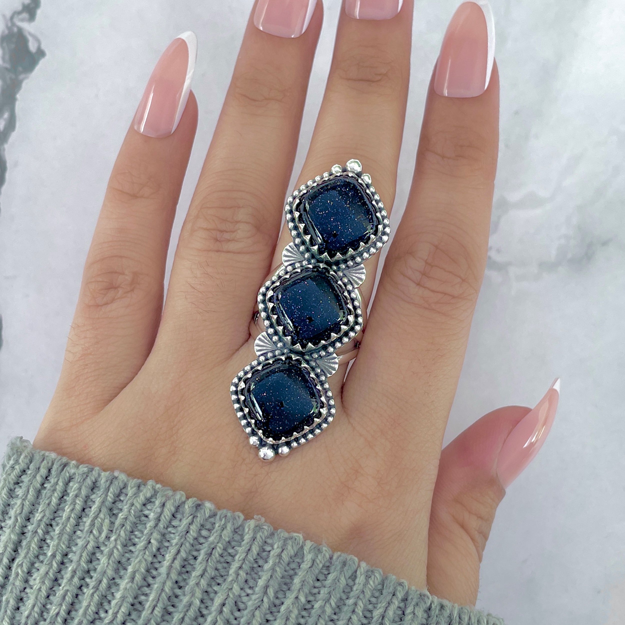 Sunstone (Blue) Flower Ring Size 8-(BSS-FLR-3.)