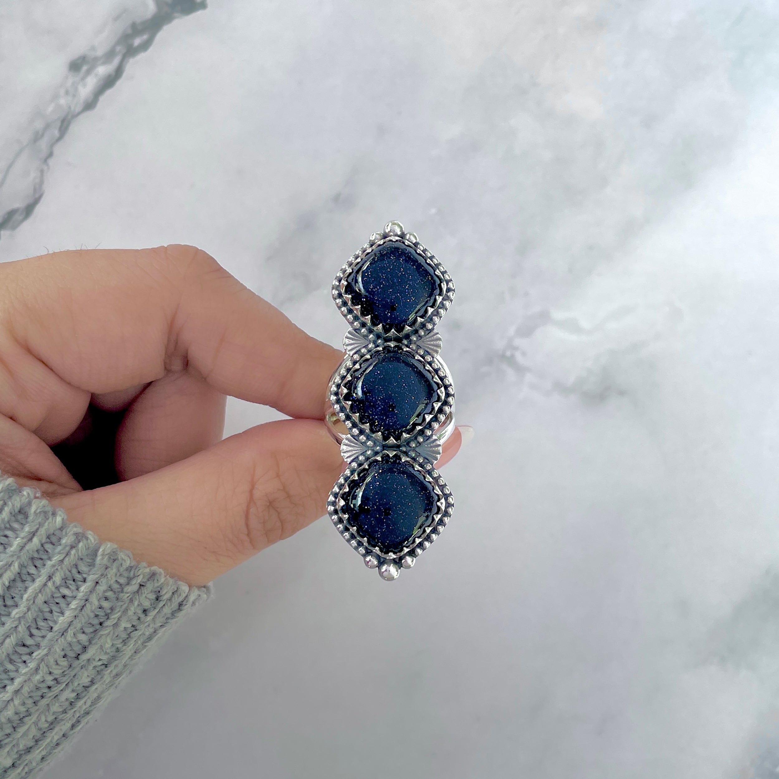 Sunstone (Blue) Flower Ring Size 8-(BSS-FLR-3.)