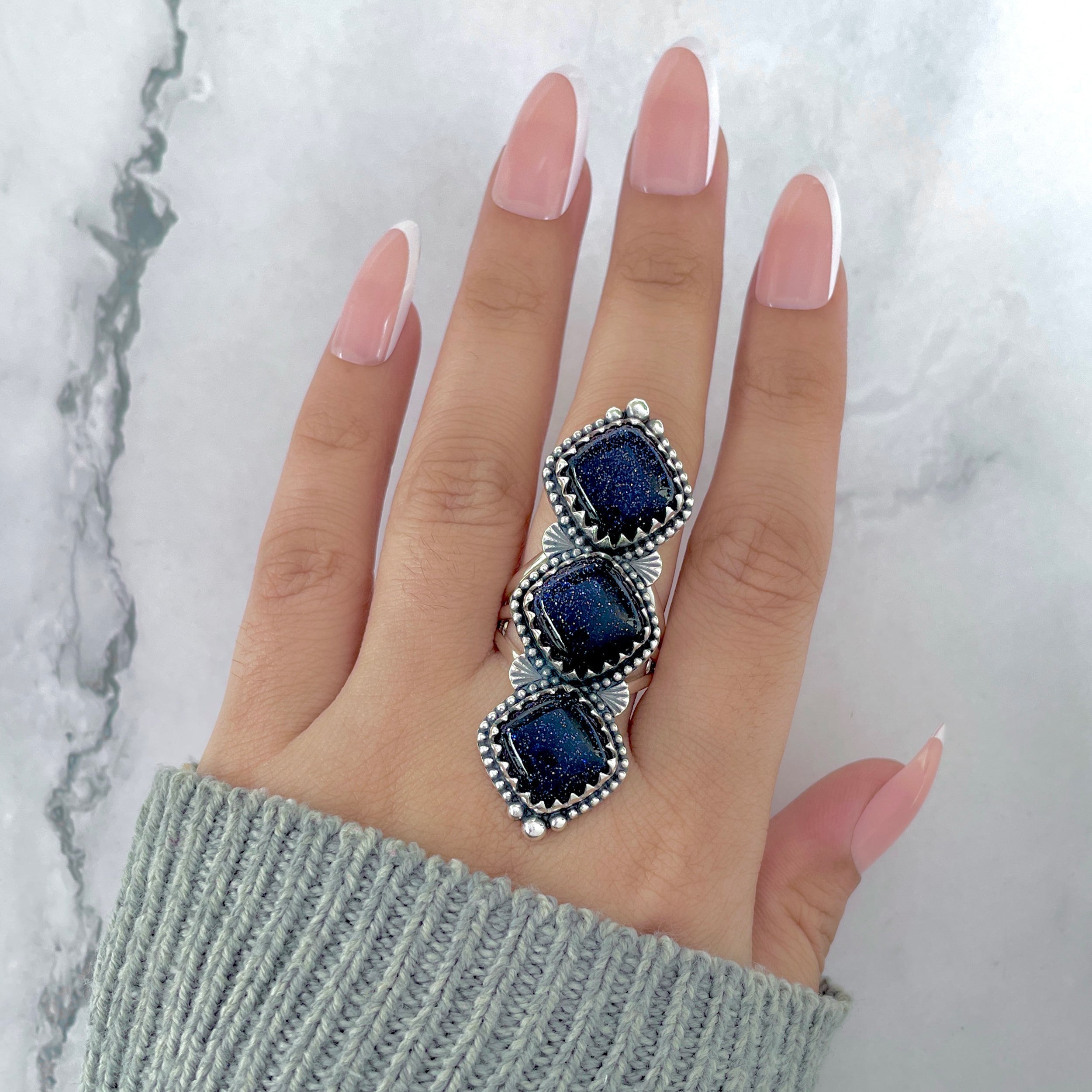 Sunstone (Blue) Flower Ring Size 9-(BSS-FLR-4.)