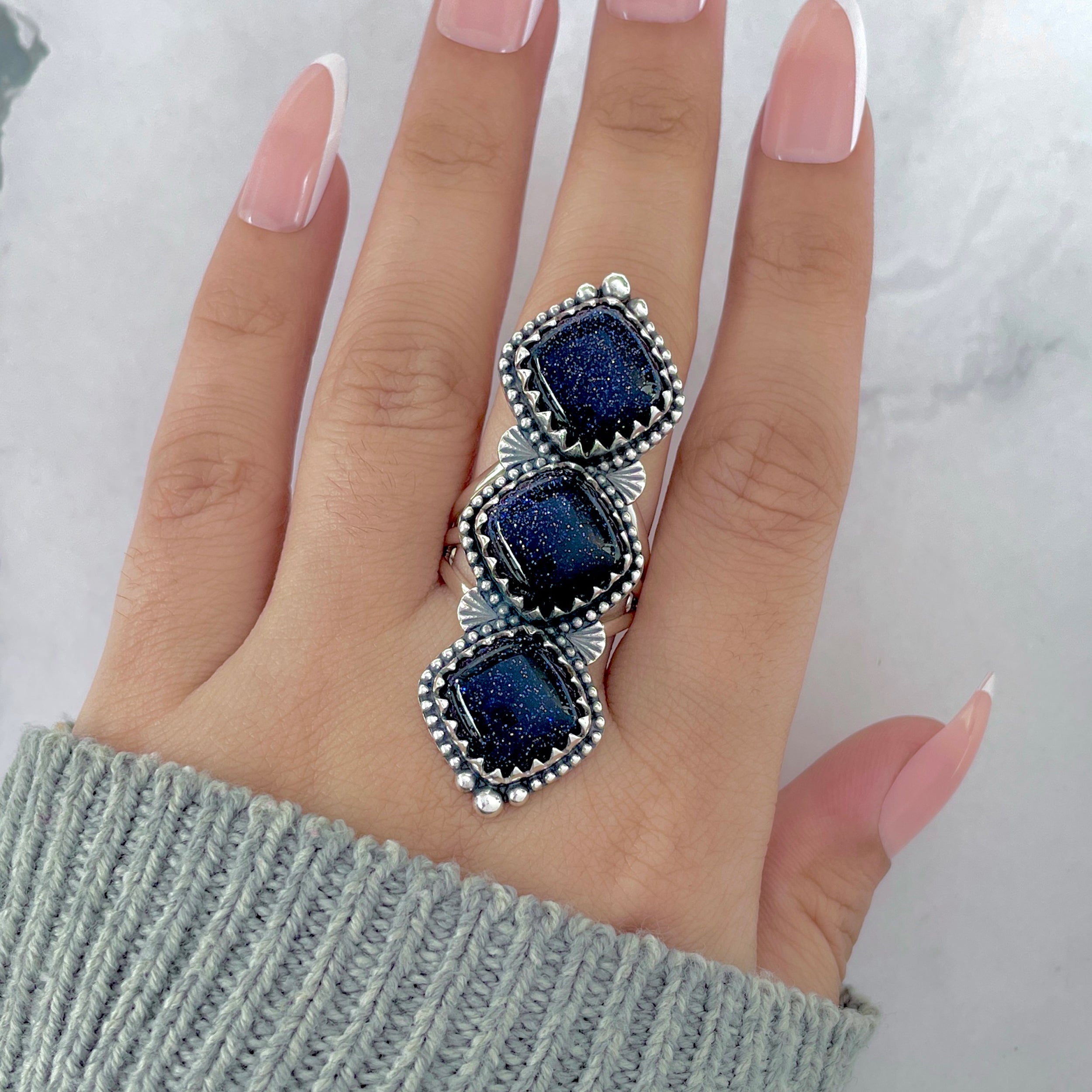Sunstone (Blue) Flower Ring Size 9-(BSS-FLR-4.)