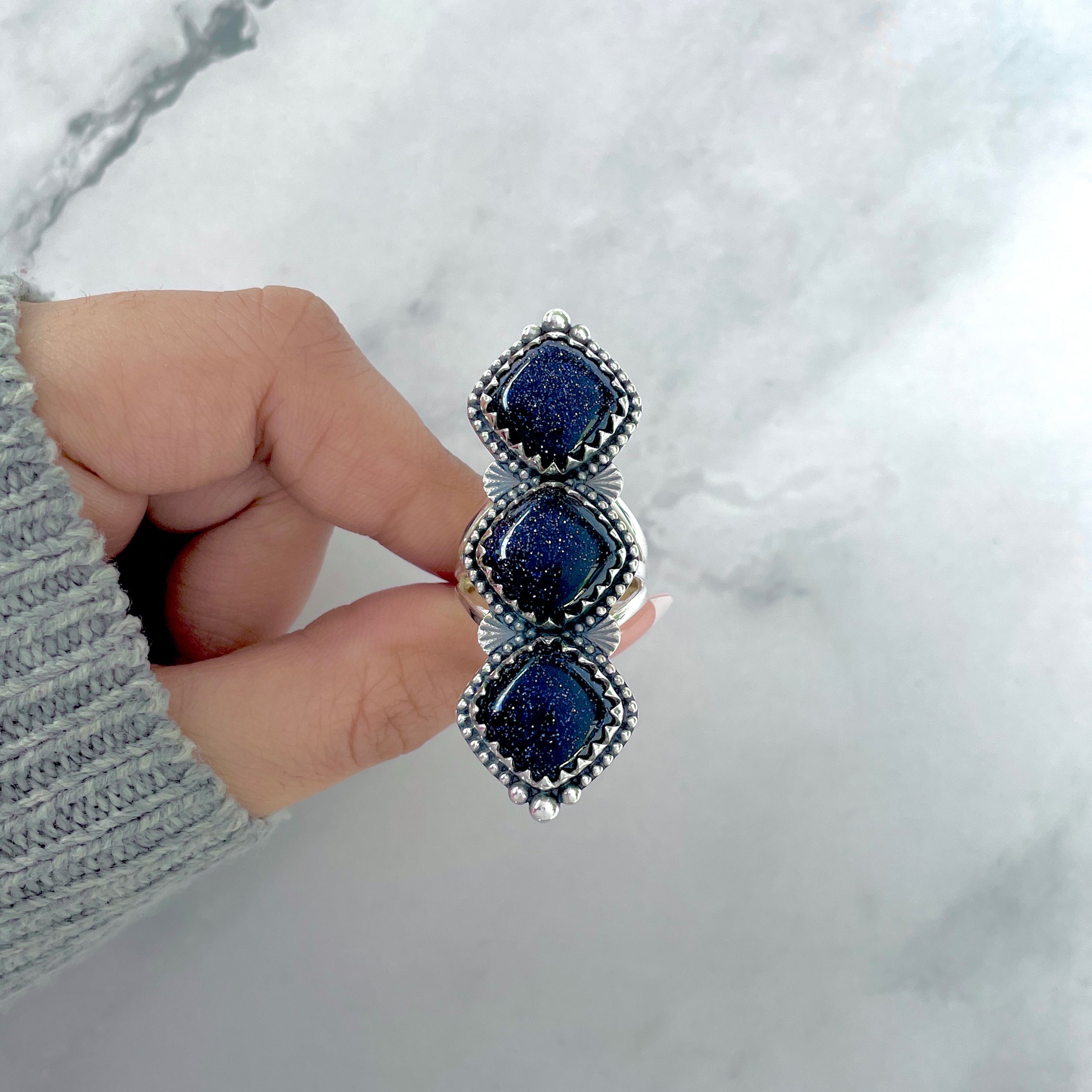 Sunstone (Blue) Flower Ring Size 9-(BSS-FLR-4.)