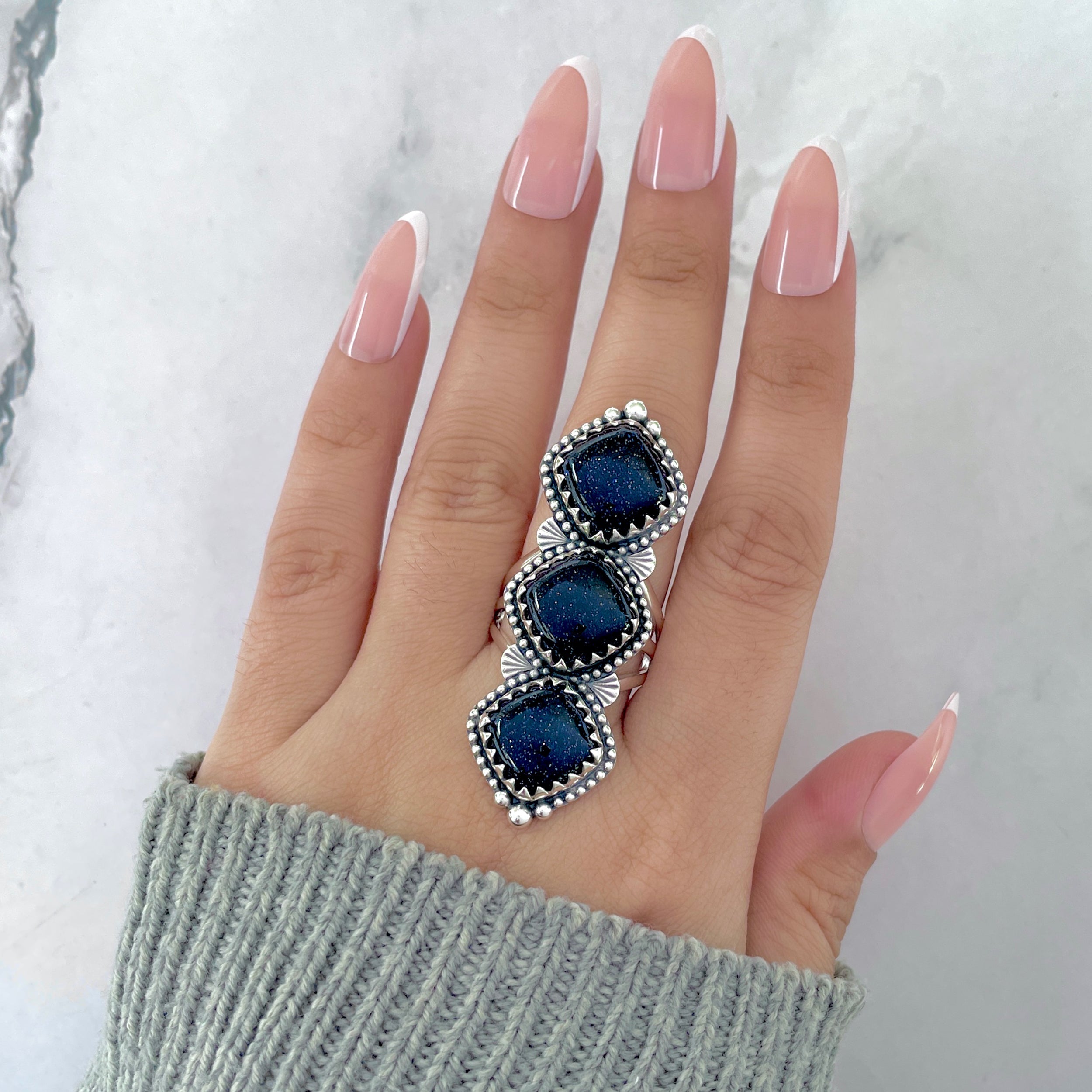 Sunstone (Blue) Flower Ring Size 10-(BSS-FLR-5.)