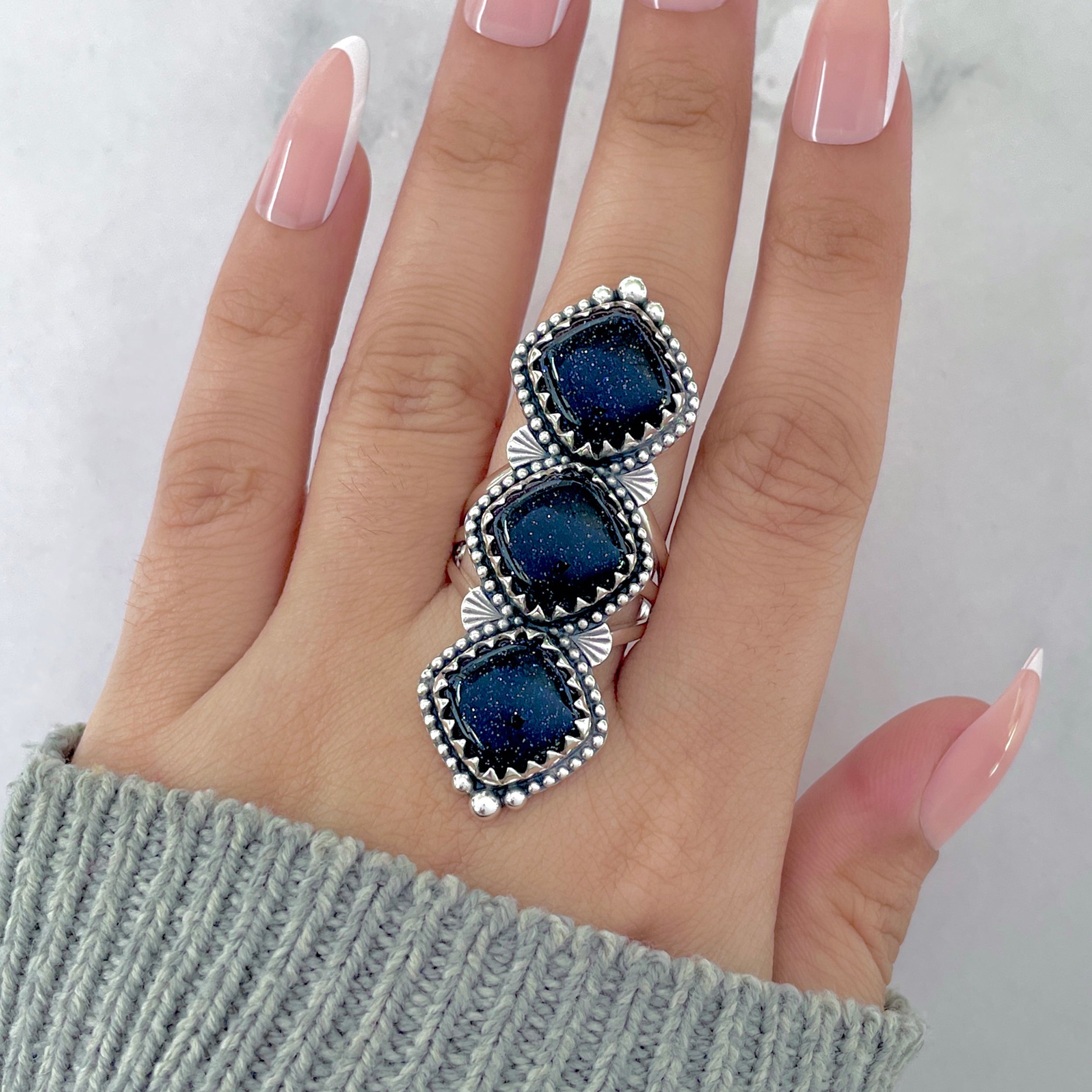 Sunstone (Blue) Flower Ring Size 10-(BSS-FLR-5.)