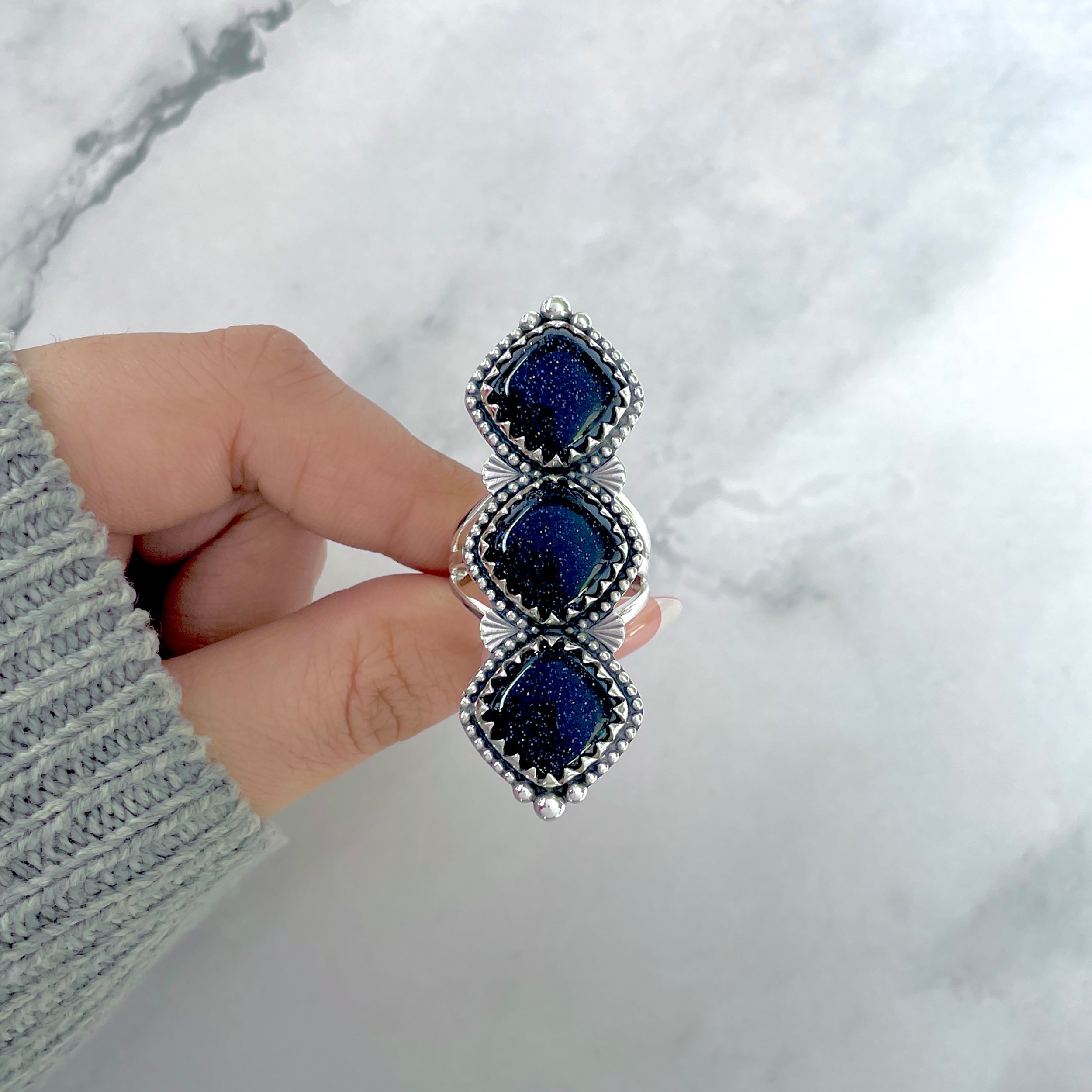 Sunstone (Blue) Flower Ring Size 10-(BSS-FLR-5.)