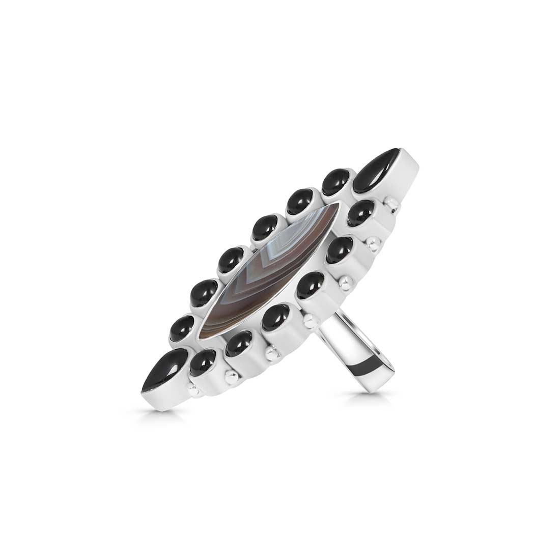 Botswana Agate And Black Onyx Flower Adjustable Ring-(BWA-FLR-4.)