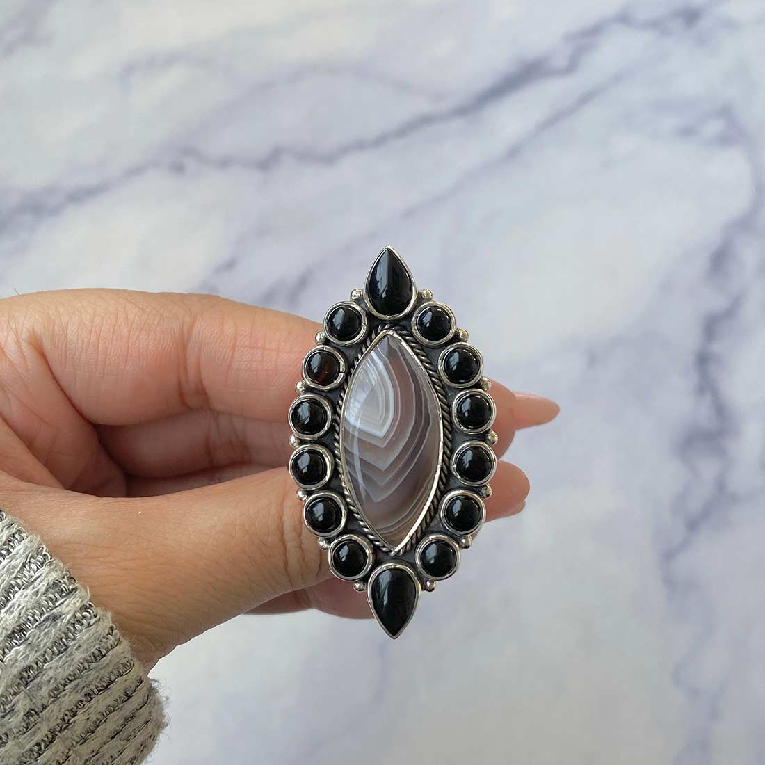 Botswana Agate And Black Onyx Flower Adjustable Ring-(BWA-FLR-4.)