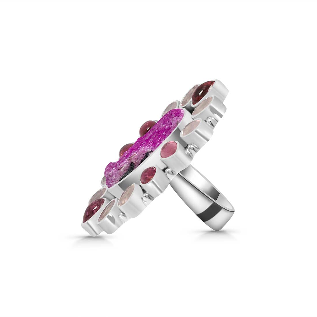 Cobalt Calcite, Pink Tourmaline And Rose Quartz Flower Statement Adjustable Ring-(CBC-FLR-1.)