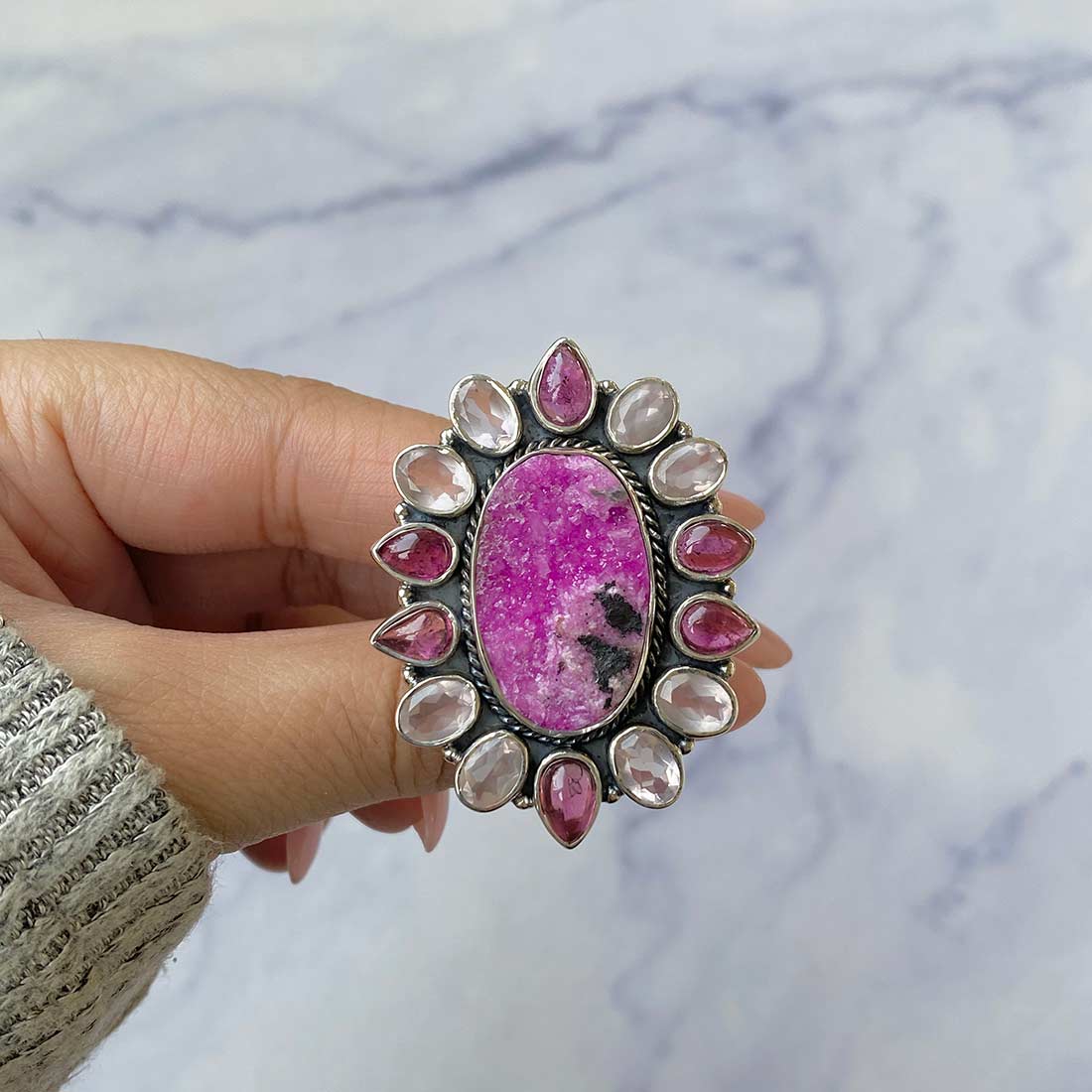 Cobalt Calcite, Pink Tourmaline And Rose Quartz Flower Statement Adjustable Ring-(CBC-FLR-1.)