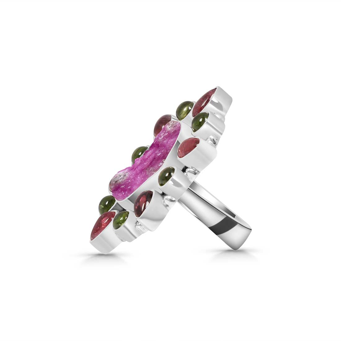 Cobalt Calcite, Pink Tourmaline And Peridot Flower Statement Adjustable Ring-(CBC-FLR-2.)
