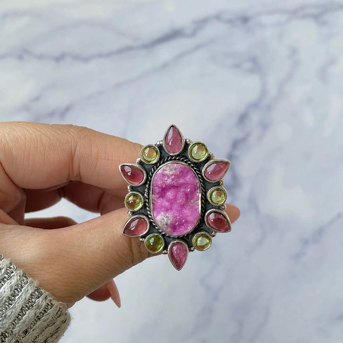Cobalt Calcite, Pink Tourmaline And Peridot Flower Statement Adjustable Ring-(CBC-FLR-2.)