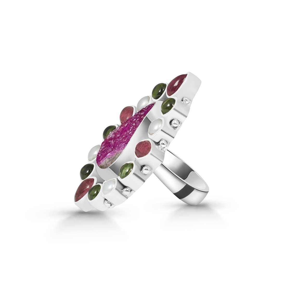 Cobalt Calcite, Pink Tourmaline, Pearl And Peridot Flower Statement Adjustable Ring-(CBC-FLR-3.)