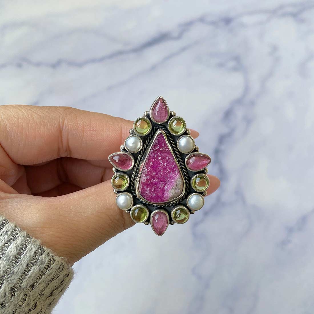 Cobalt Calcite, Pink Tourmaline, Pearl And Peridot Flower Statement Adjustable Ring-(CBC-FLR-3.)