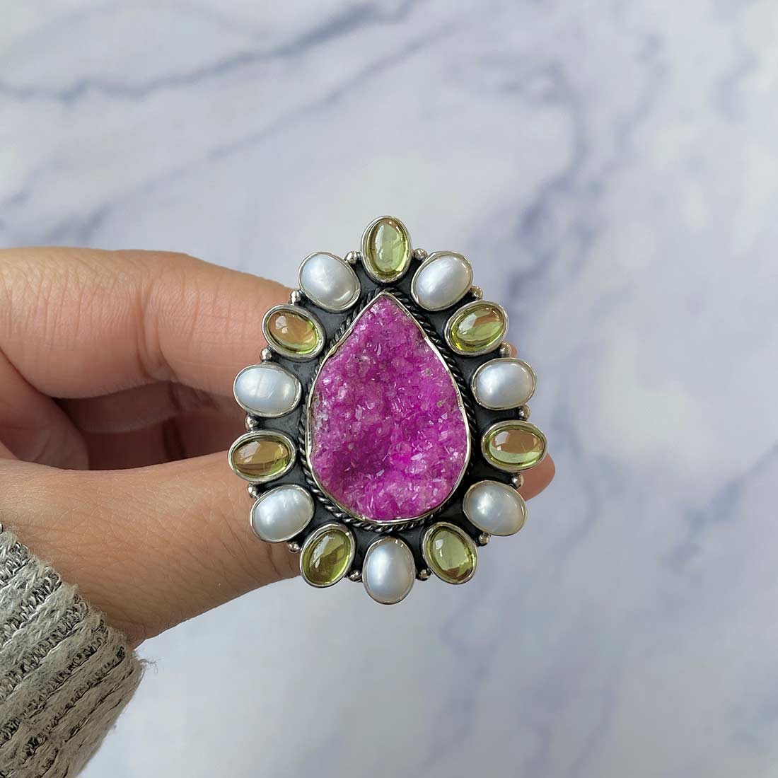 Cobalt Calcite, Pearl And Peridot Flower Statement Adjustable Ring-(CBC-FLR-4.)