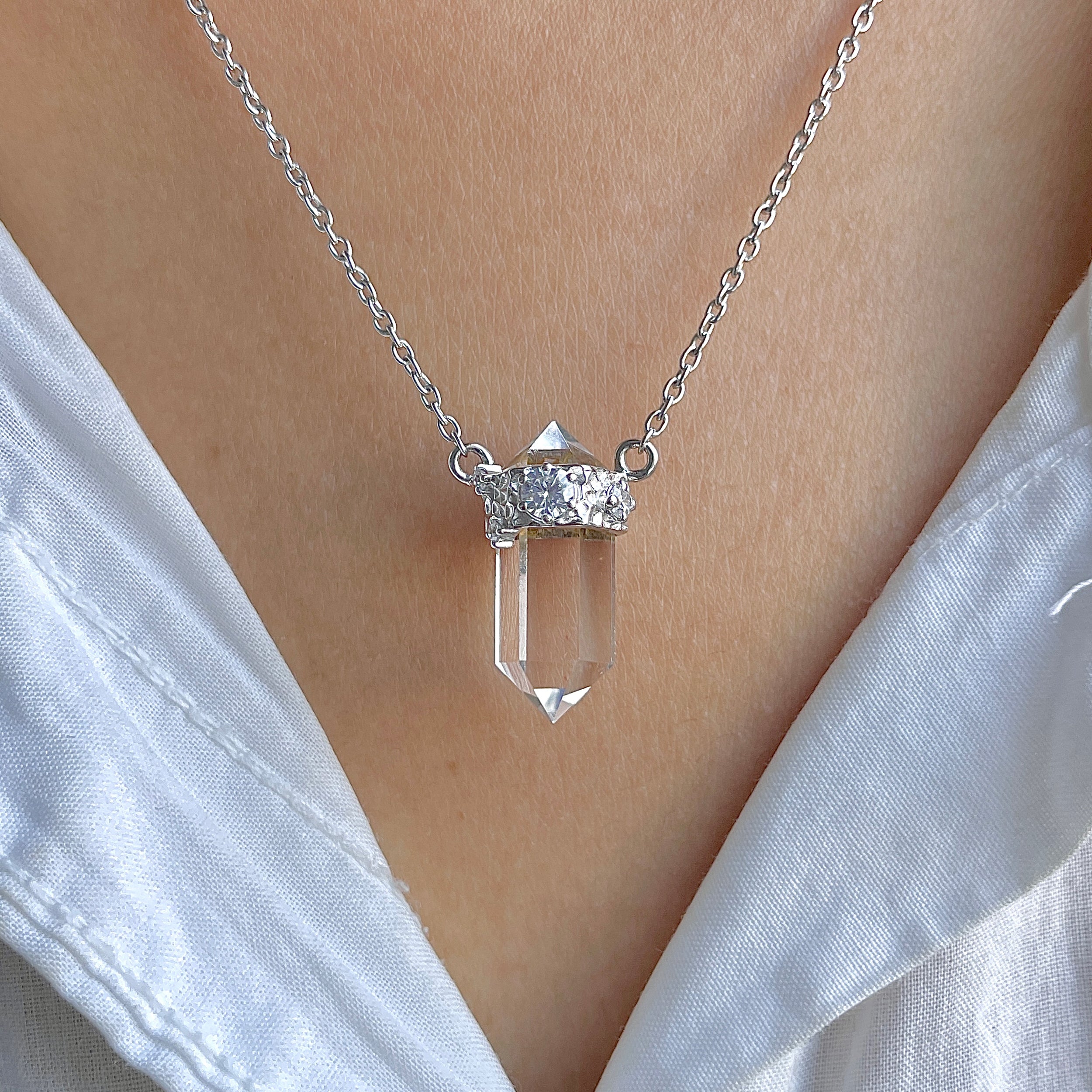 Crystal & White Topaz Pencil Necklace-(CST-RDN-136.)