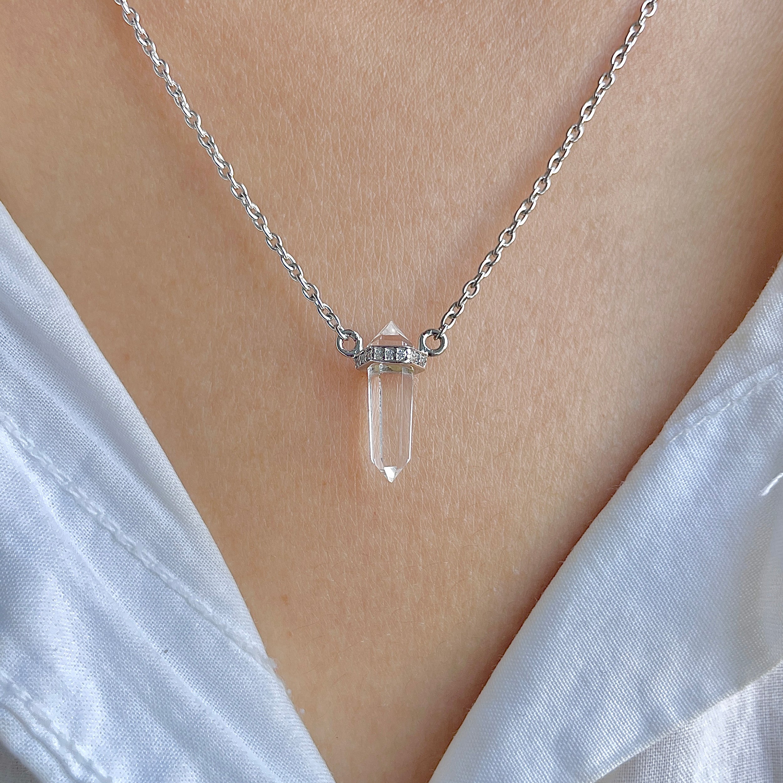 Crystal & White Topaz Pencil Necklace-(CST-RN-84.)