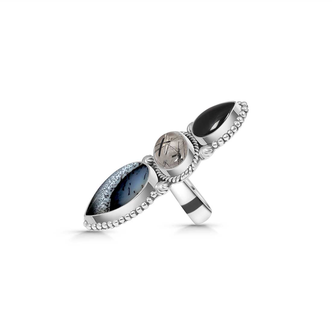 Dendritic Agate And Black Onyx Crawler Adjustable Ring-(DDA-CLS-5.)