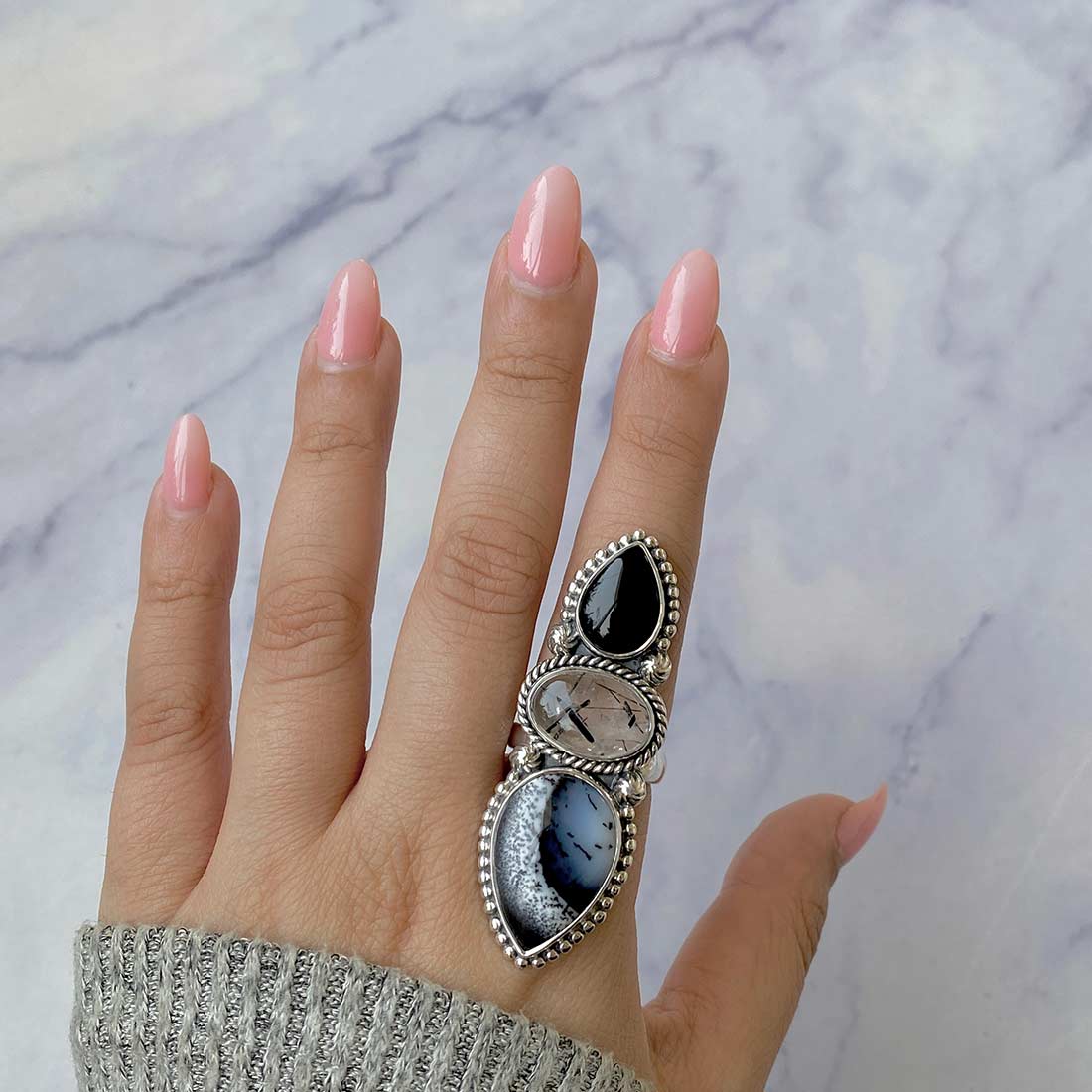 Dendritic Agate And Black Onyx Crawler Adjustable Ring-(DDA-CLS-5.)