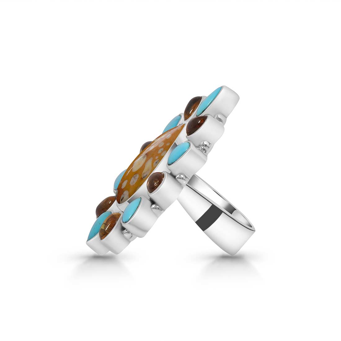 Deerfawn Jasper, Turquoise And Citrine Flower Adjustable Ring-(DFJ-FLR-2.)