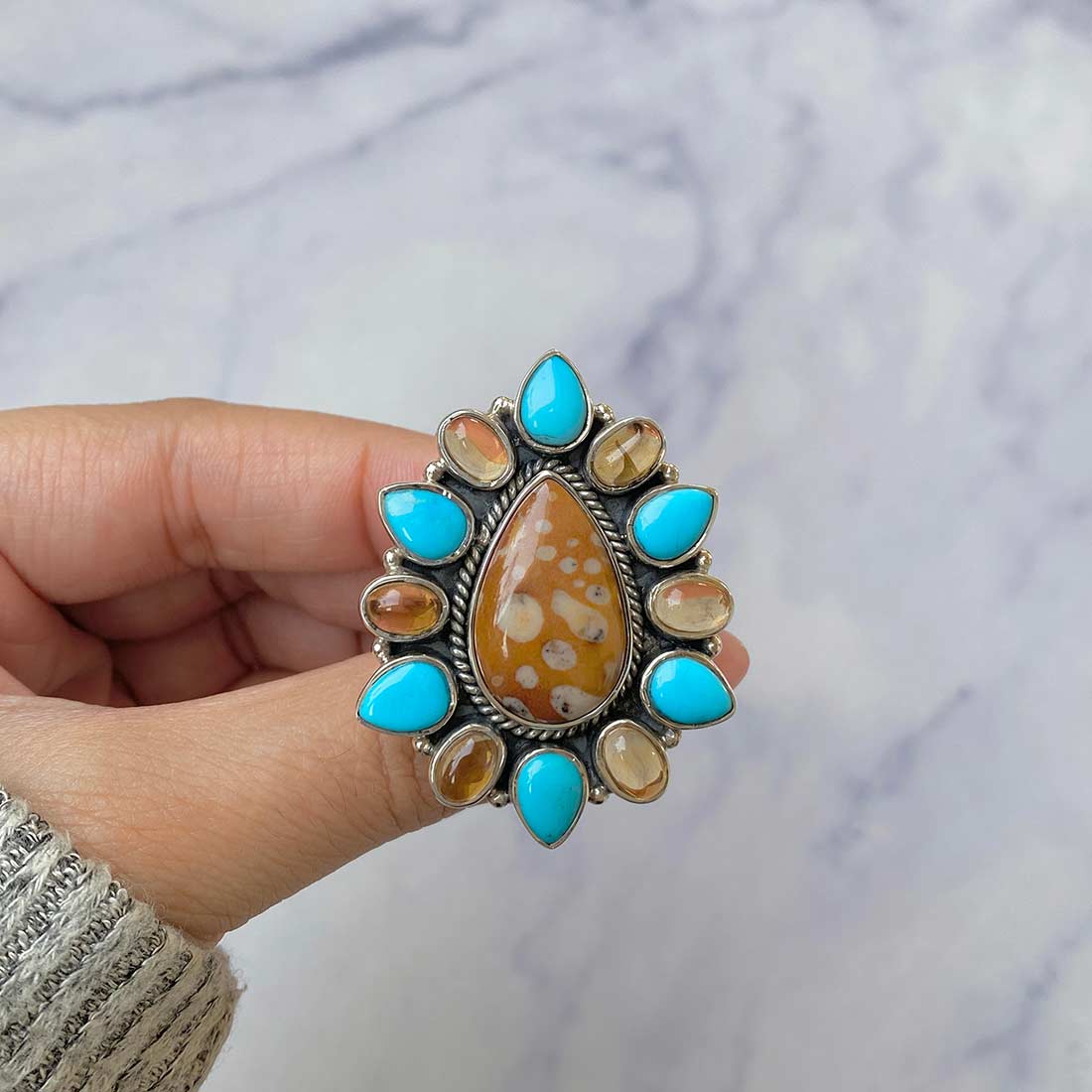 Deerfawn Jasper, Turquoise And Citrine Flower Adjustable Ring-(DFJ-FLR-2.)