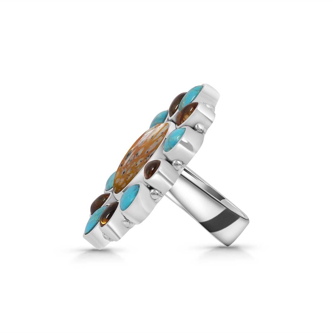 Deerfawn Jasper, Turquoise And Citrine Flower Adjustable Ring-(DFJ-FLR-8.)