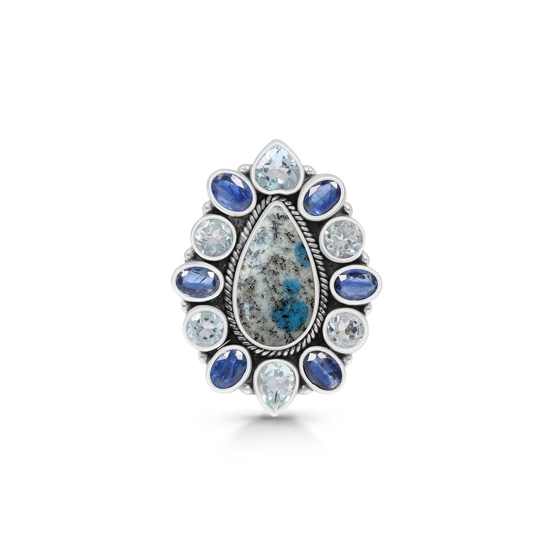 K2 Jasper, Blue Topaz And Kyanite Flower Adjustable Ring-(K2J-FLR-1.)