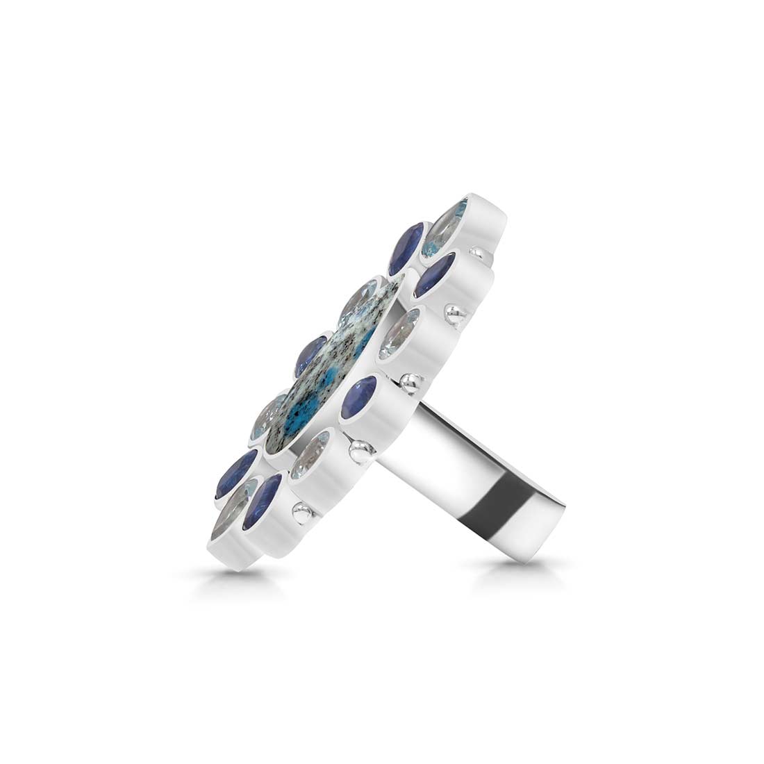 K2 Jasper, Blue Topaz And Kyanite Flower Adjustable Ring-(K2J-FLR-1.)