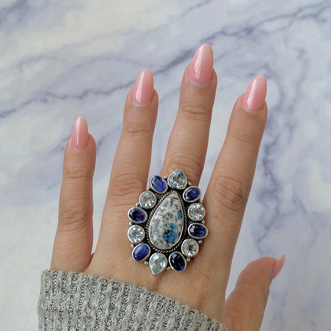 K2 Jasper, Blue Topaz And Kyanite Flower Adjustable Ring-(K2J-FLR-1.)