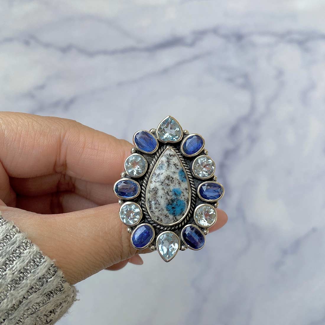 K2 Jasper, Blue Topaz And Kyanite Flower Adjustable Ring-(K2J-FLR-1.)