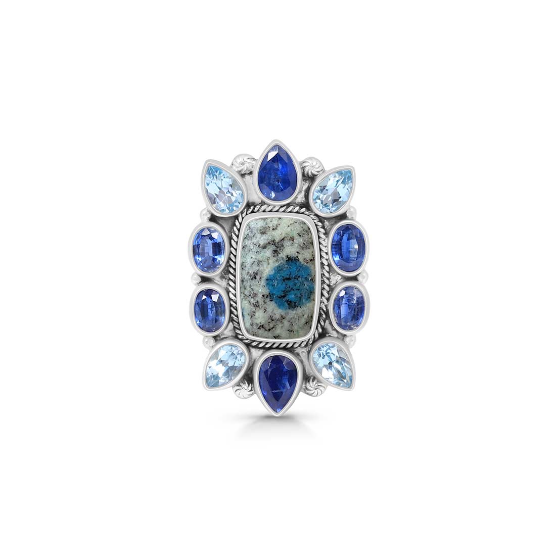 K2 Jasper, Blue Topaz And Kyanite Flower Adjustable Ring-(K2J-FLR-3.)